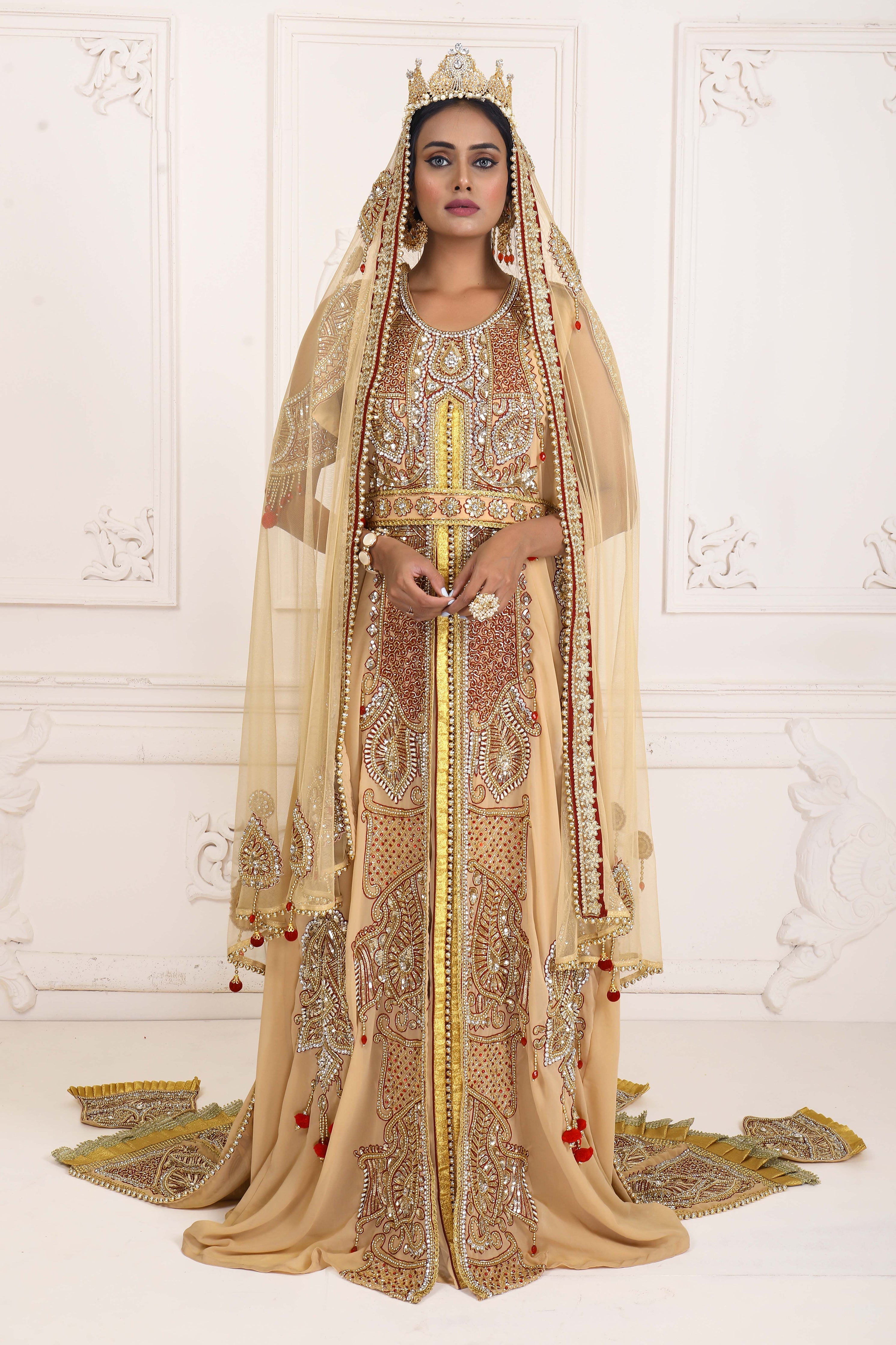 Beige Moroccan Style Long Sleeve Wedding Kaftan With Trail, Islamic Beige Moroccan Style Long Sleeve Wedding Kaftan With Trail, Islamic