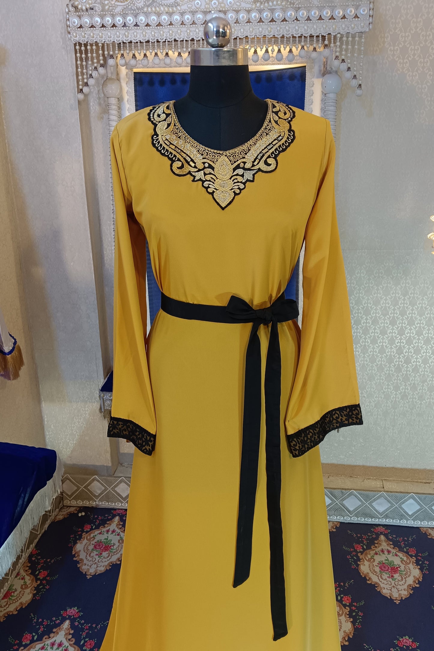 Golden Yellow Designer Embroidery Islamic Takchita Arabic Kaftan