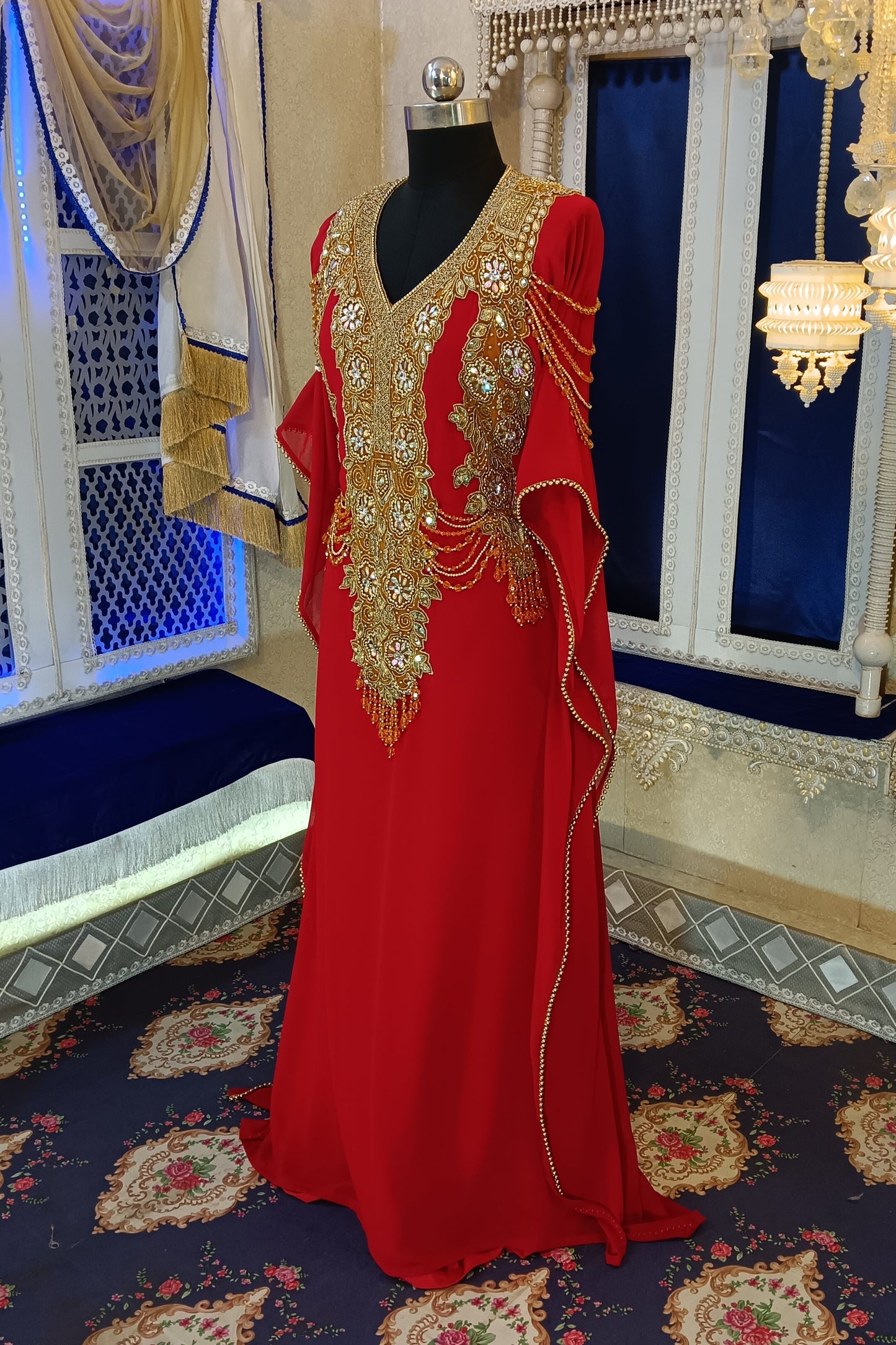 Red Maxi Hand Beaded Kaftan