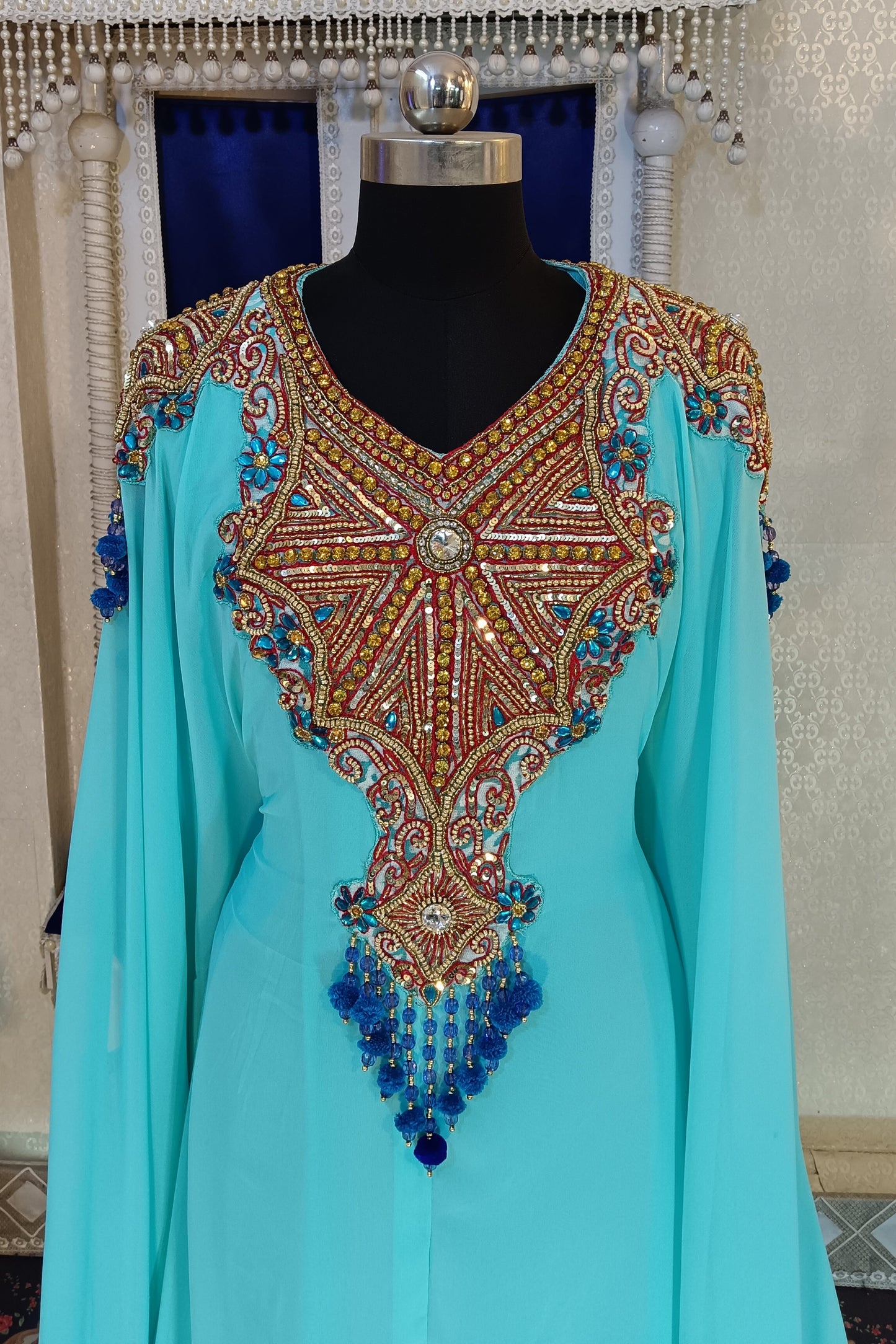 Mint Firozi and AquaBlue Islamic Designer Takchita Caftan