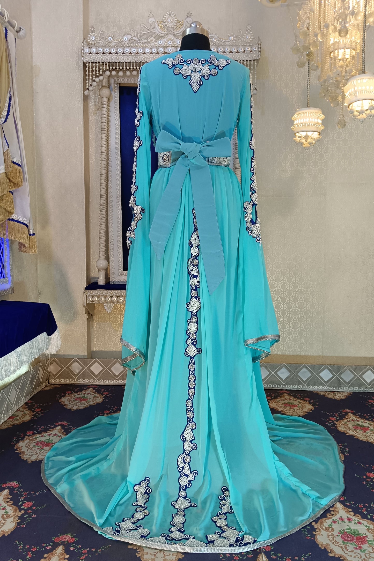 Mint Firozi and Blue Wedding Hand Beaded Moroccan Caftan