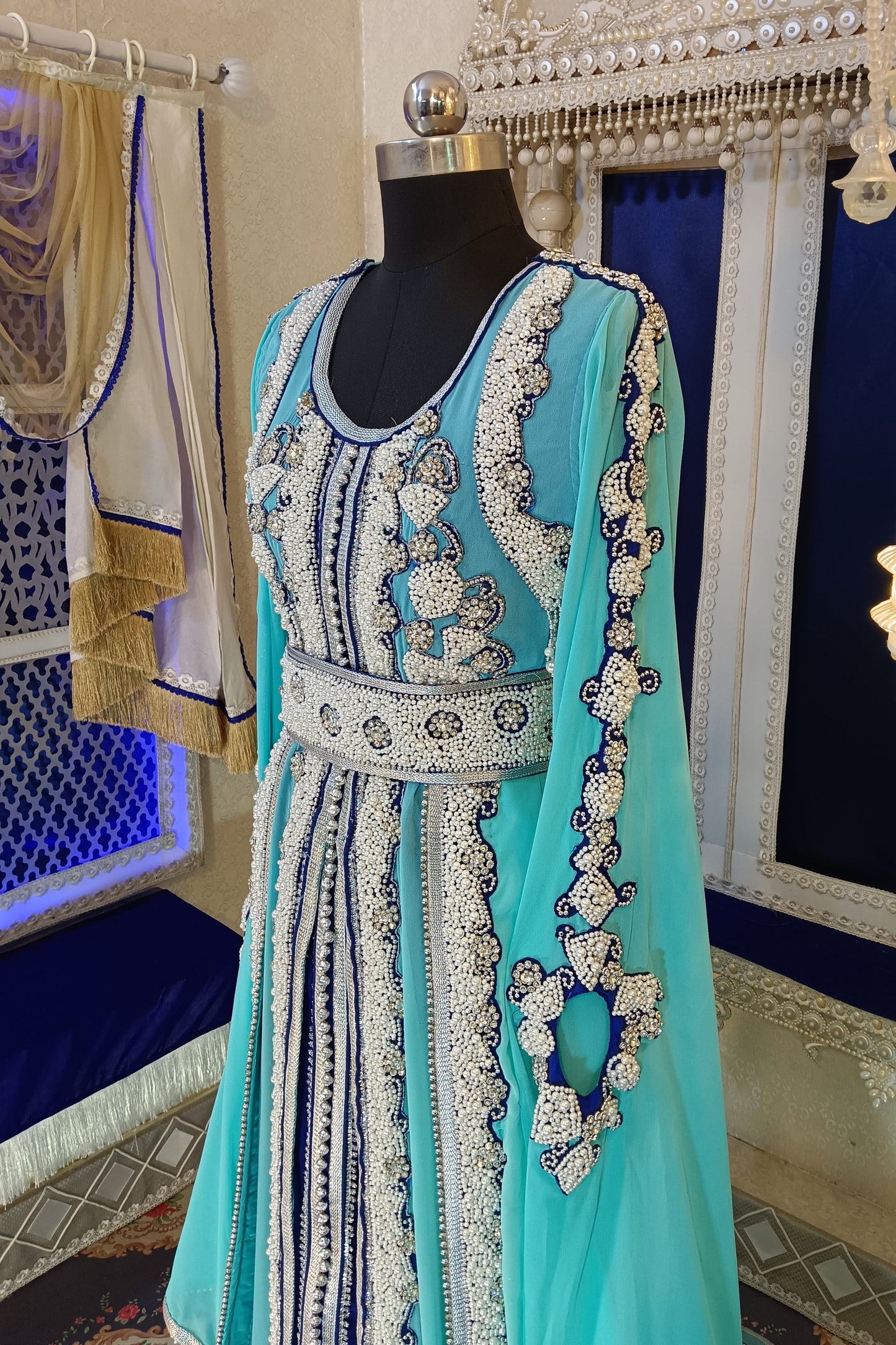 Mint Firozi and Blue Wedding Hand Beaded Moroccan Caftan