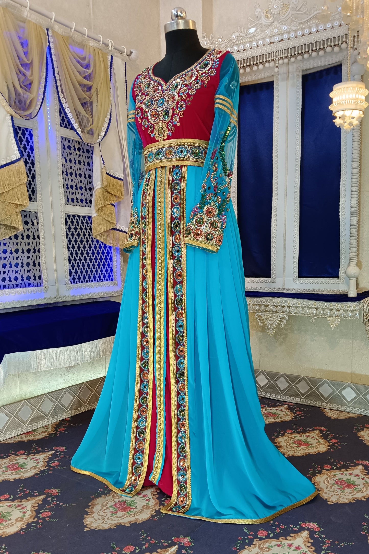 Pink and Firozi Wedding Designer Moroccan Arabic Party Wear Kaftan