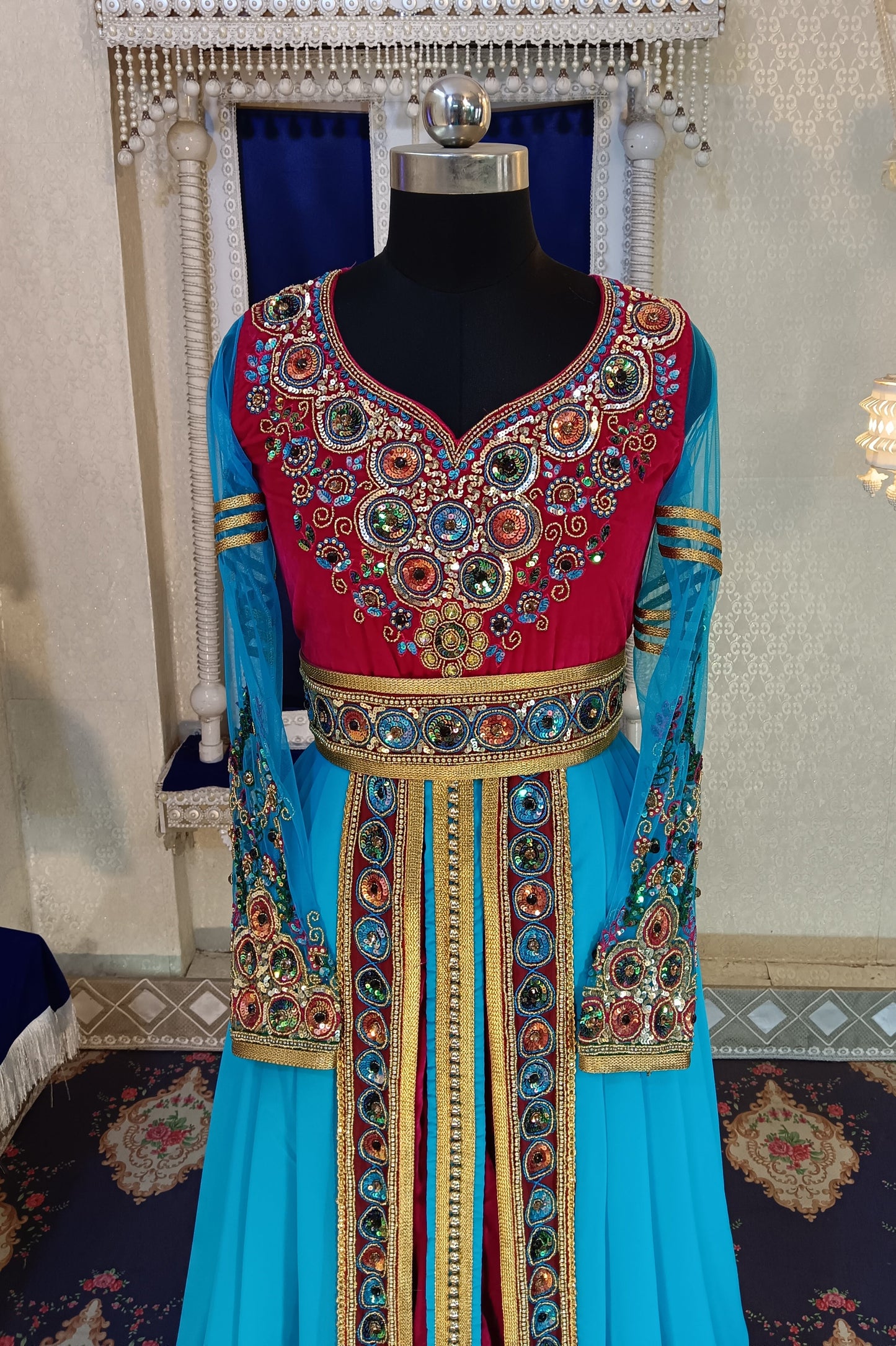 Pink and Firozi Wedding Designer Moroccan Arabic Party Wear Kaftan