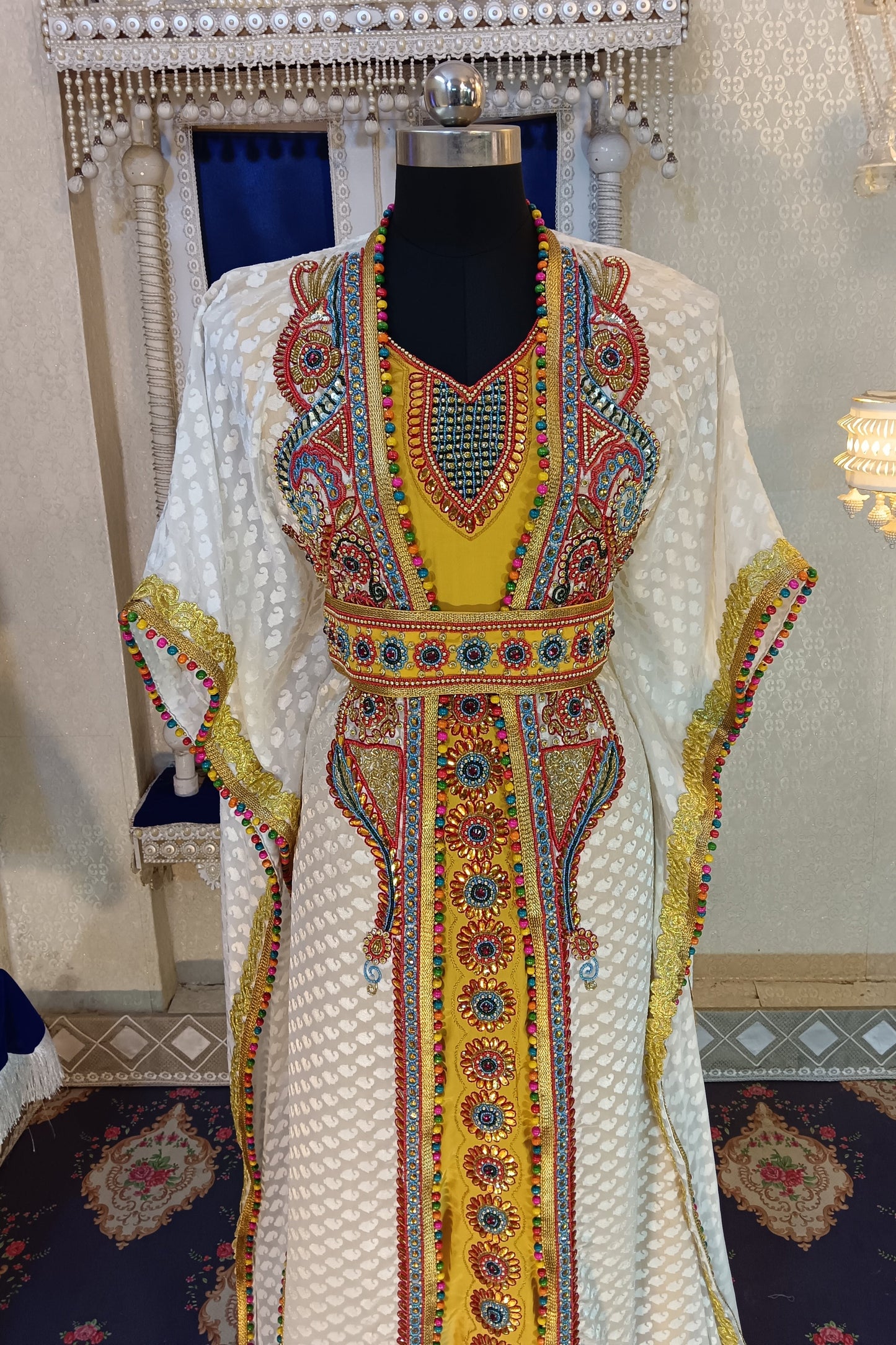 Off White and Gold Unique Design Islamic Takchita Caftan