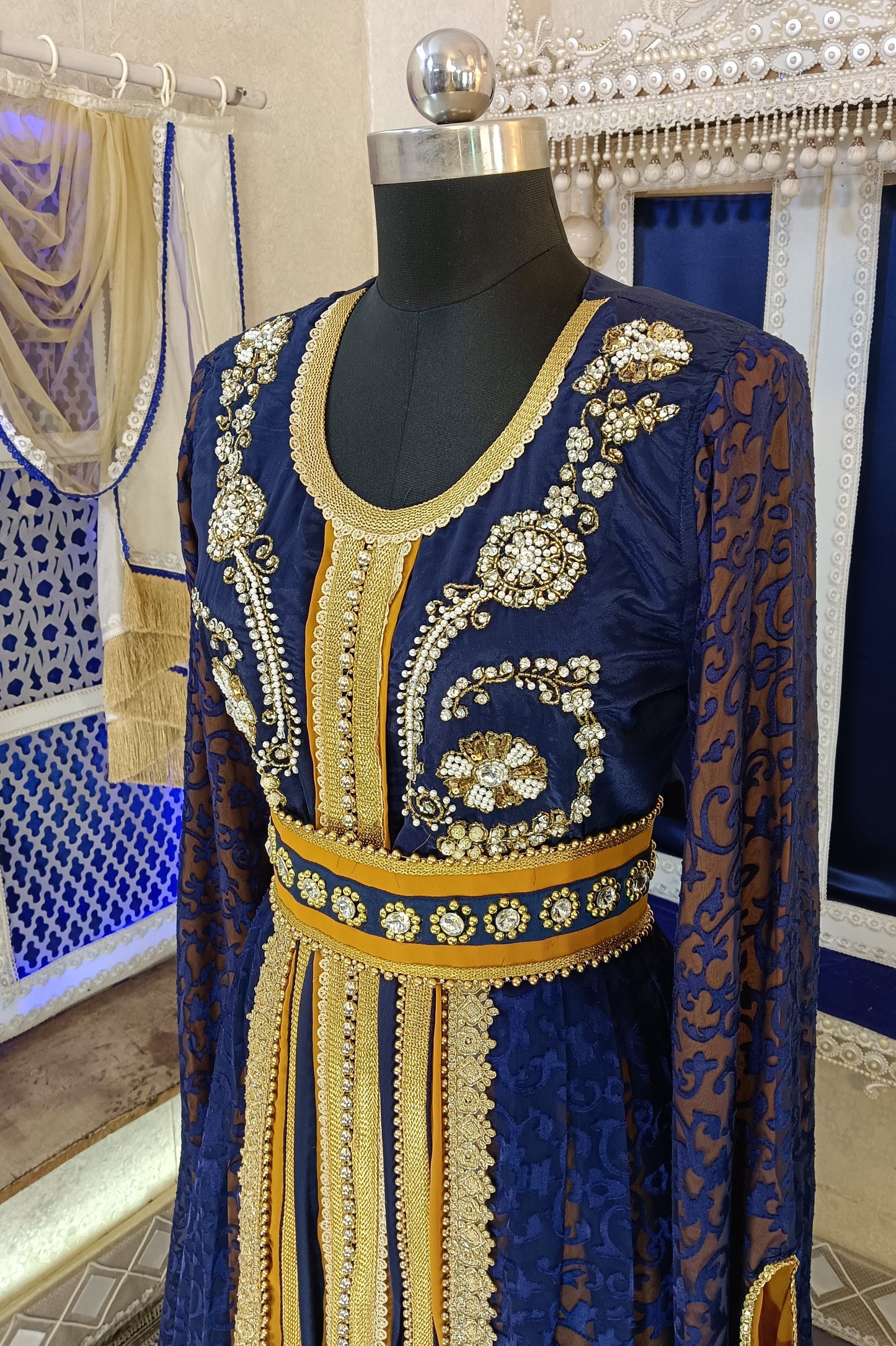 Dark Blue and Mustard Wedding Designer Arabic Moroccan Caftan