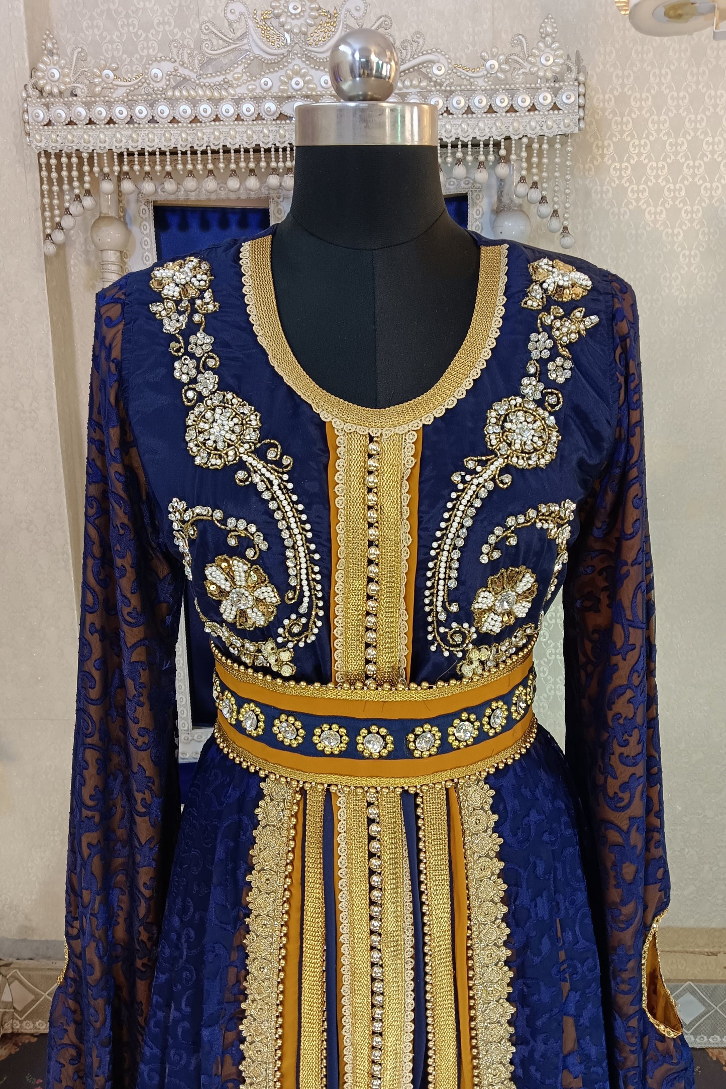 Dark Blue and Mustard Wedding Designer Arabic Moroccan Caftan