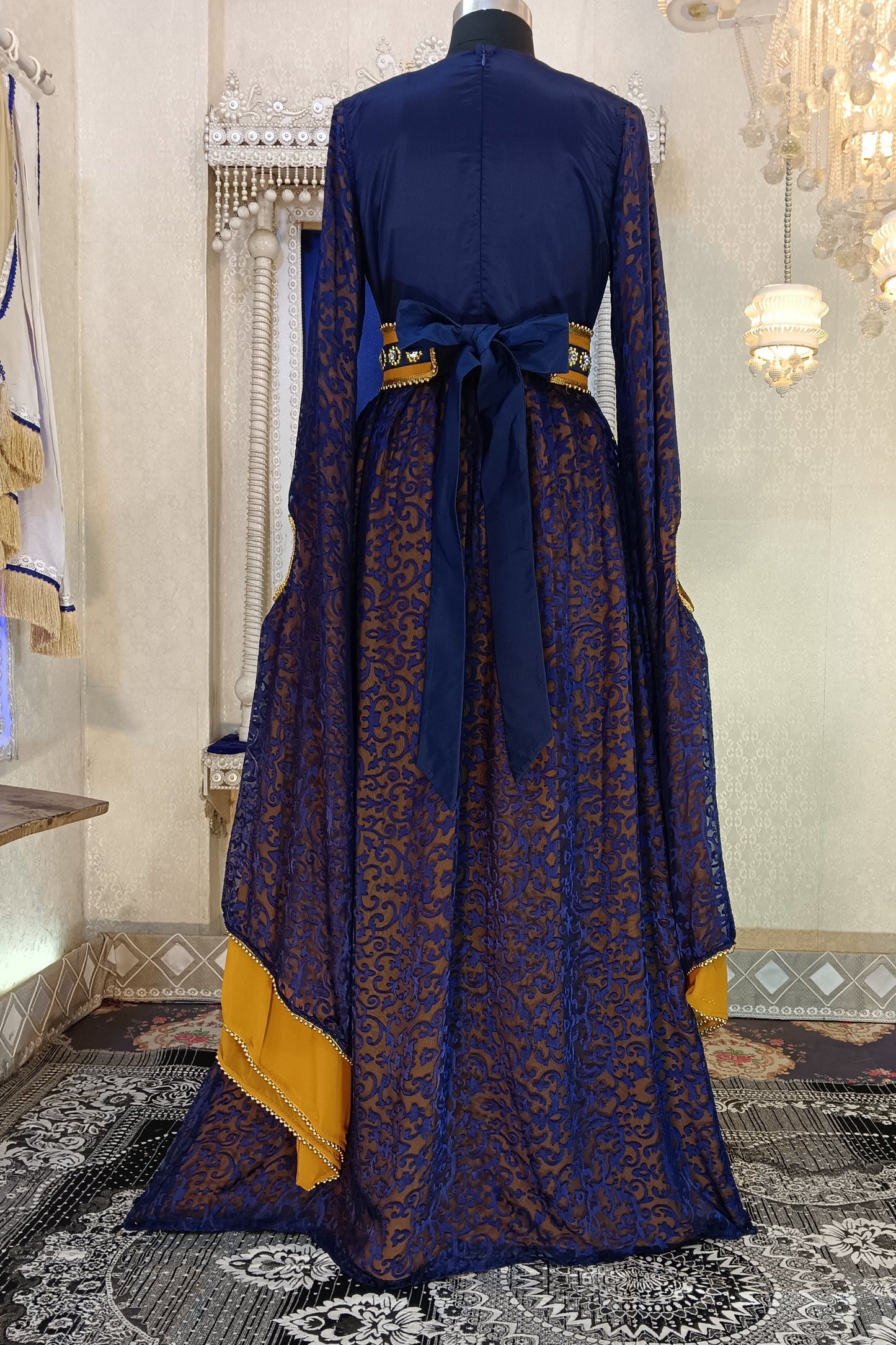 Dark Blue and Mustard Wedding Designer Arabic Moroccan Caftan
