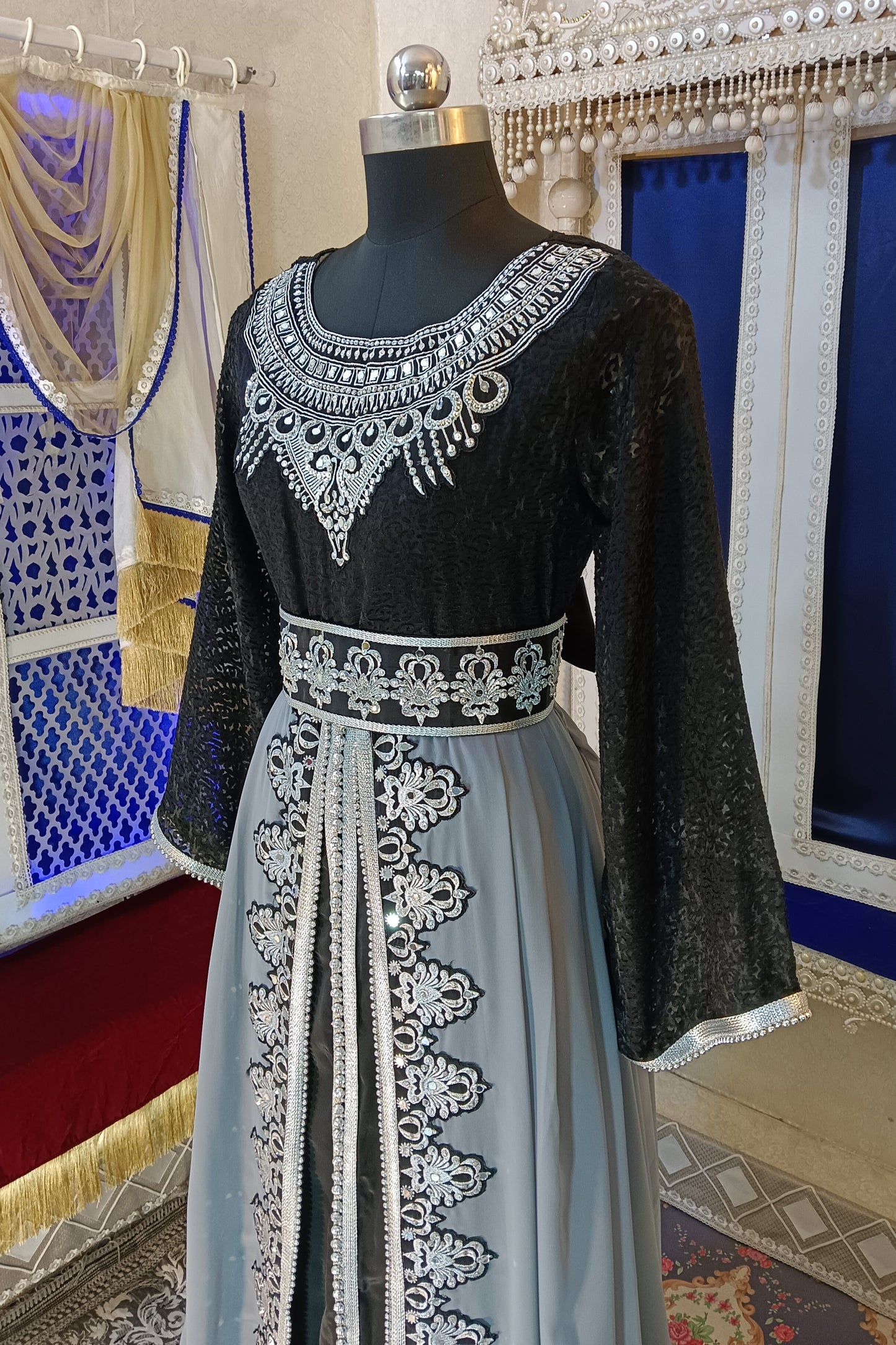 Grey And Black Designer Moroccan Embroidery Kaftan