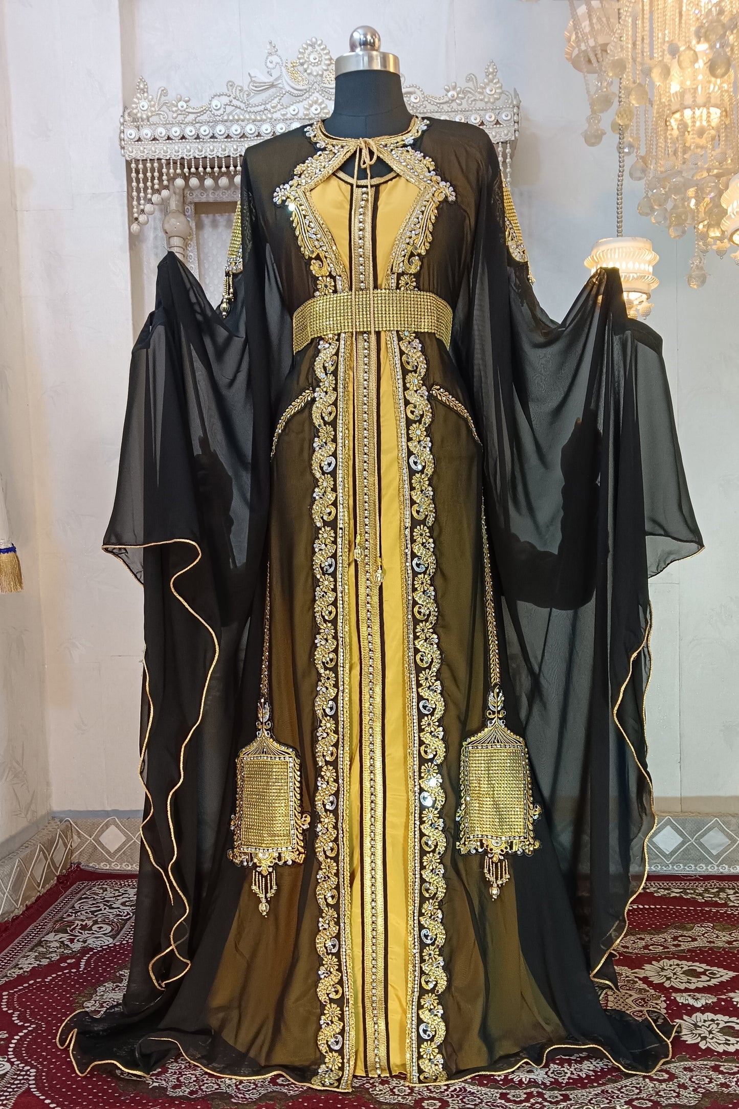Black and Gold Moroccan Party Wear Dress