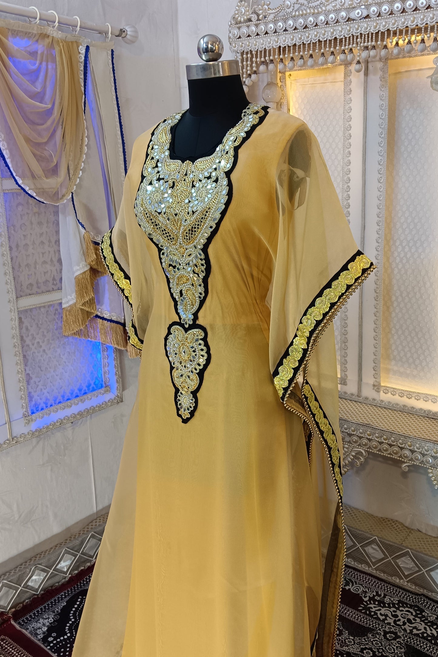 Beige and Black Designer Islamic Takchita Kaftan