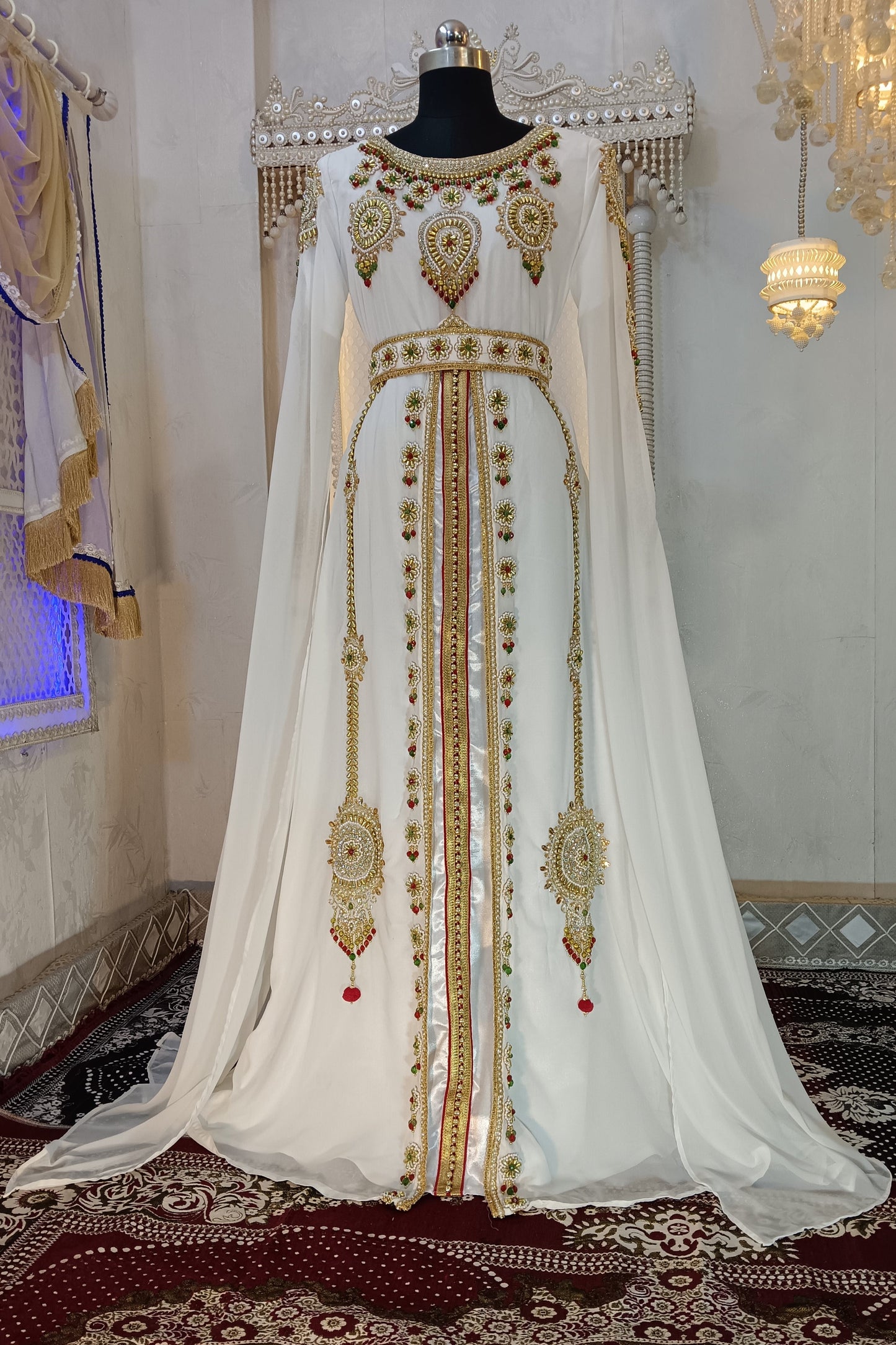 White and Gold Wedding Party Wear Moroccan Kaftan