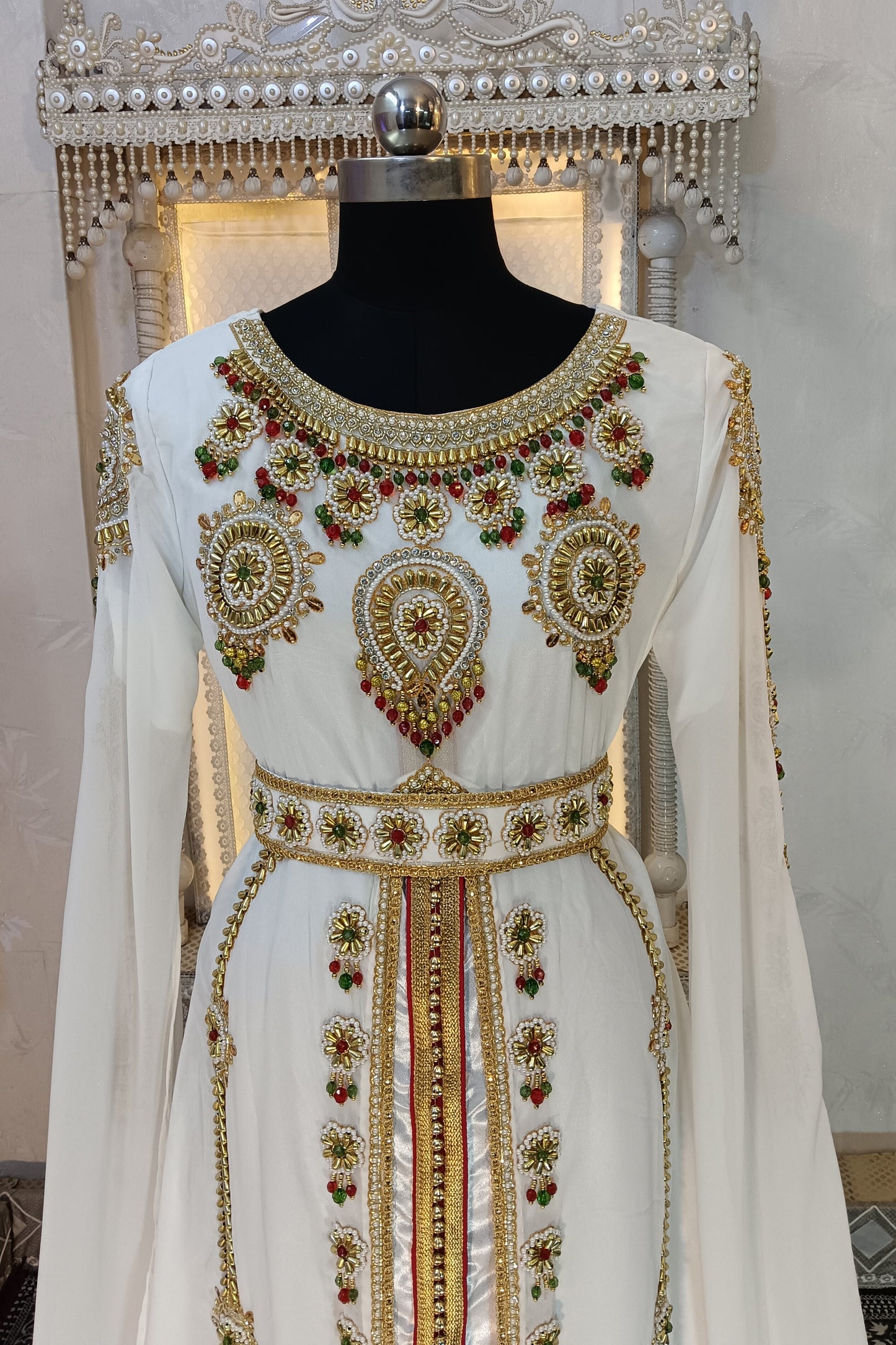 White and Gold Wedding Party Wear Moroccan Kaftan