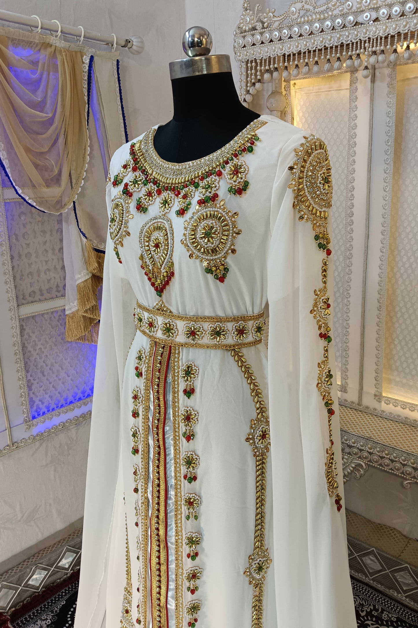 White and Gold Wedding Party Wear Moroccan Kaftan