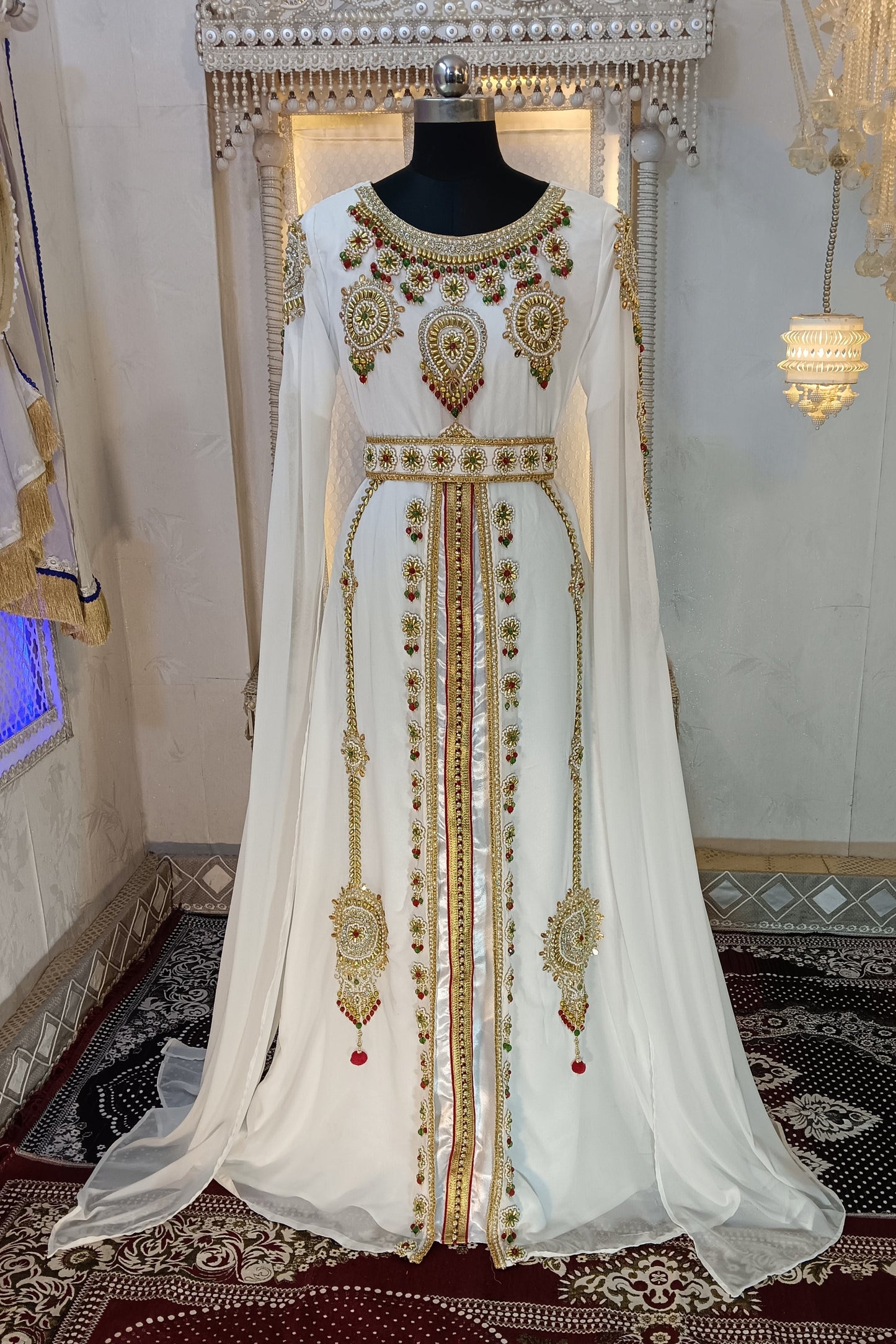 White and Gold Wedding Party Wear Moroccan Kaftan