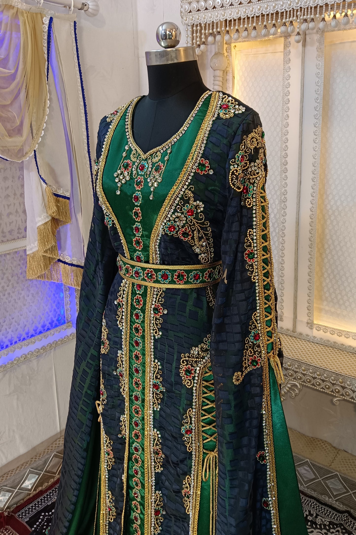 DarkGrey and BottleGreen Islamic Wedding Moroccan Kaftan