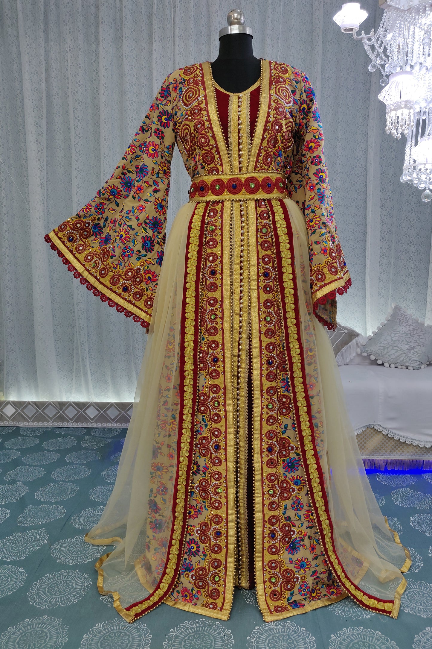 Beige and Maroon Color Moroccan African Caftan