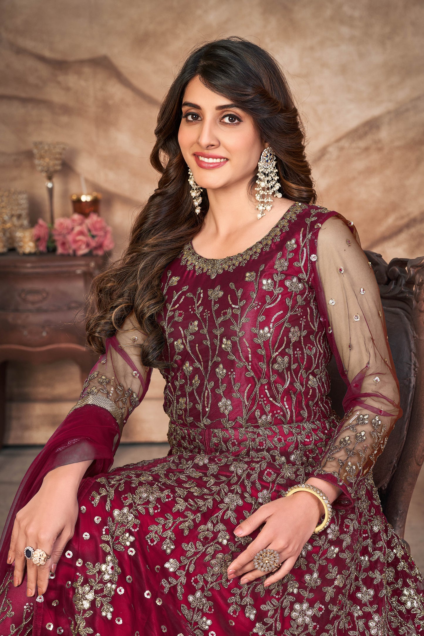 Maroon Partywear Embroidery Anarkali Suit