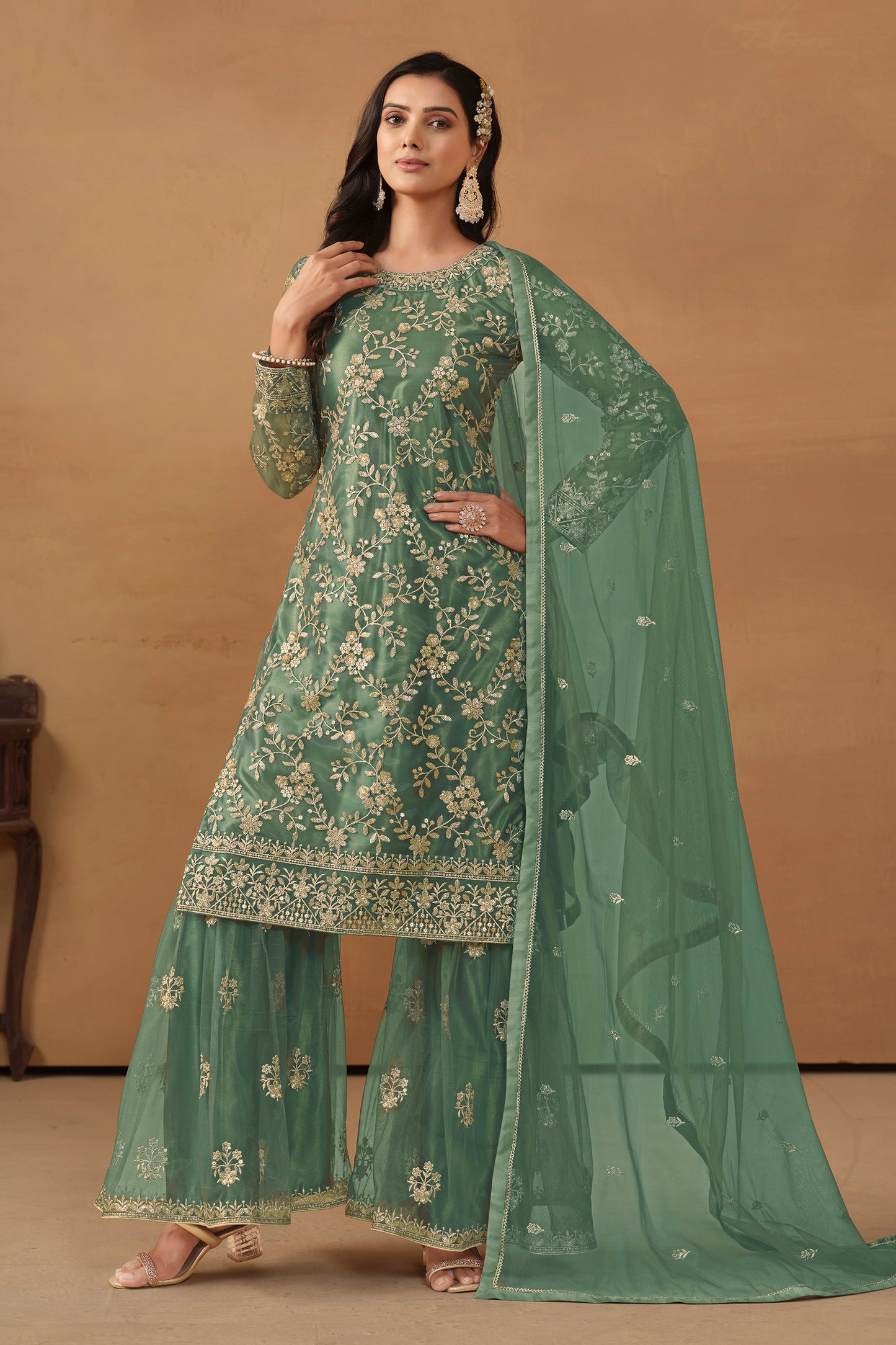 Green Georgette Sarara Kameez Suit