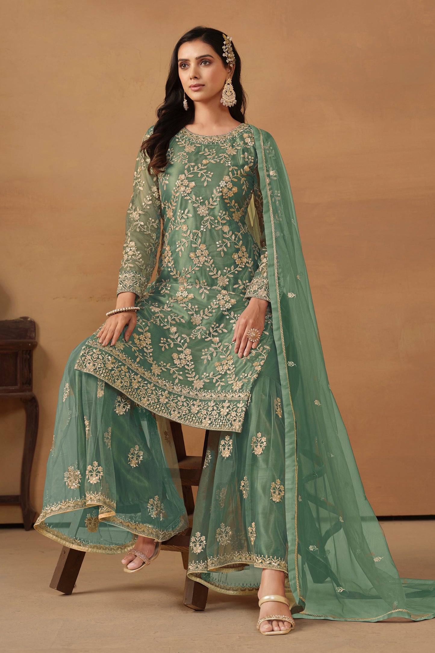 Green Georgette Sarara Kameez Suit