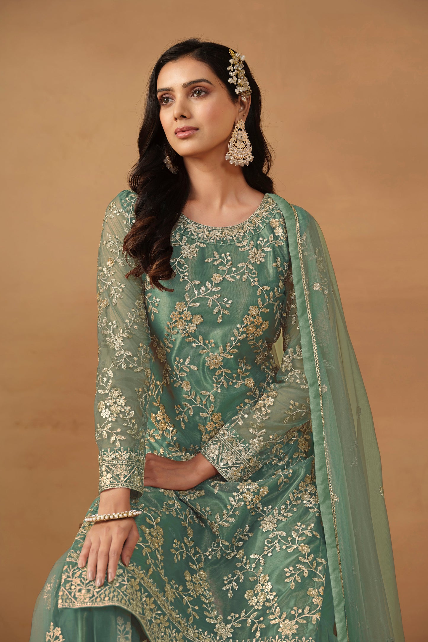Green Georgette Sarara Kameez Suit