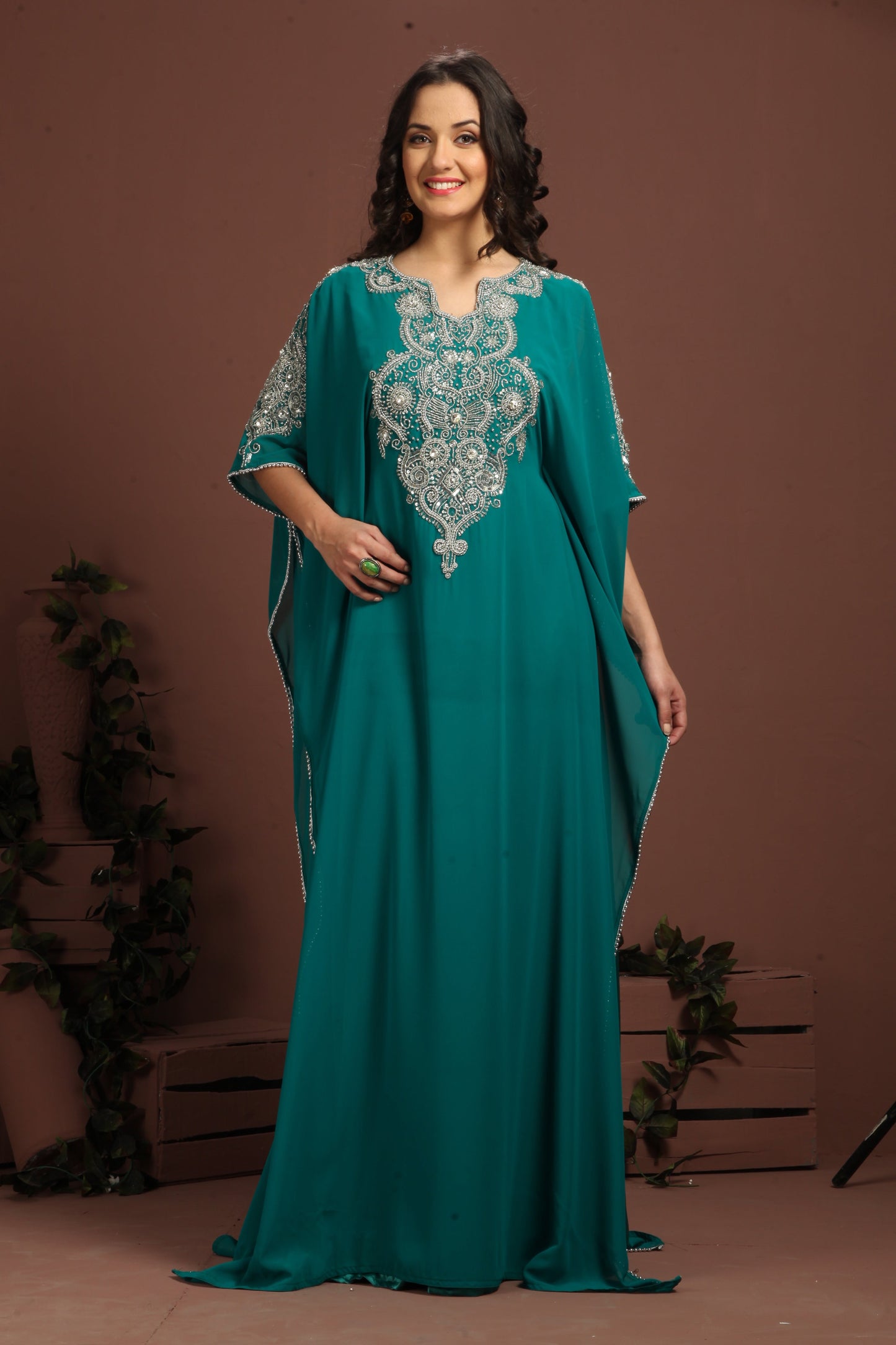 Bottle Green Color Designer Arabic Kaftan Dress