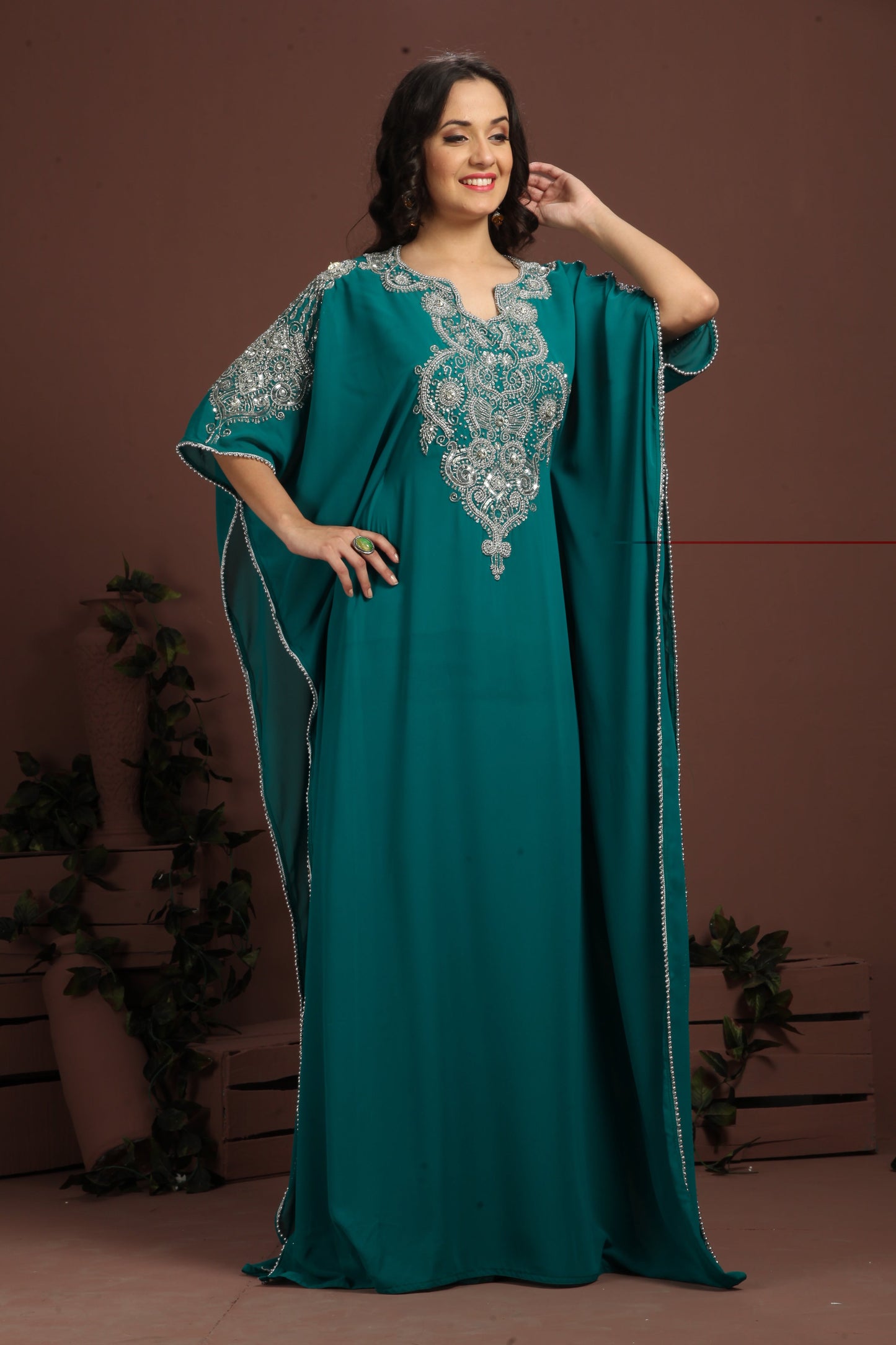 Bottle Green Color Designer Arabic Kaftan Dress