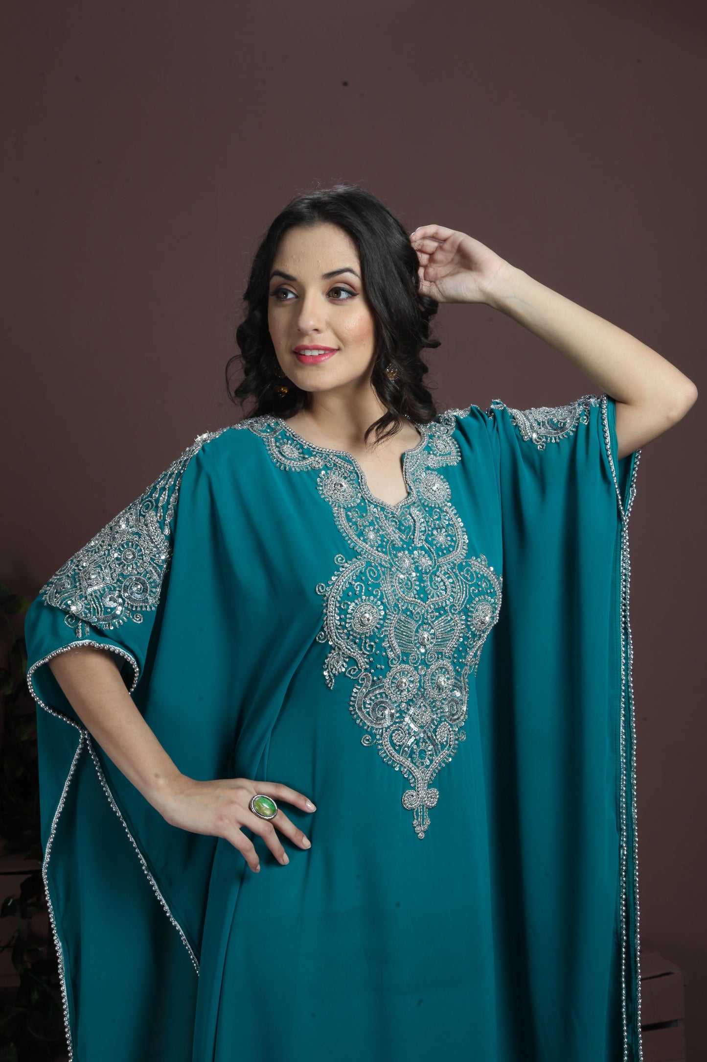 Bottle Green Color Designer Arabic Kaftan Dress