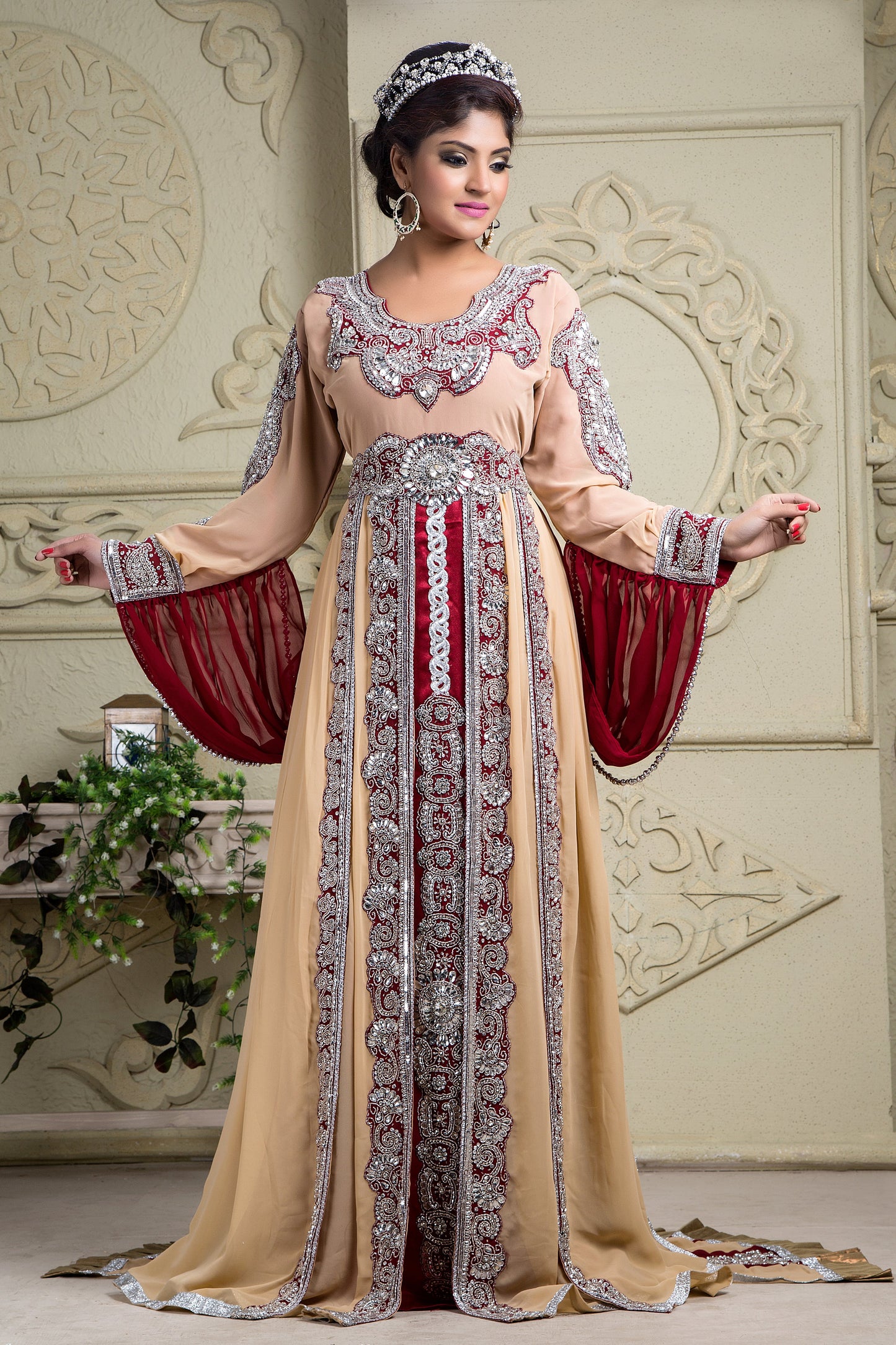 Maroon Color Beautiful Arabic Muslin Wedding Bridal Kaftan