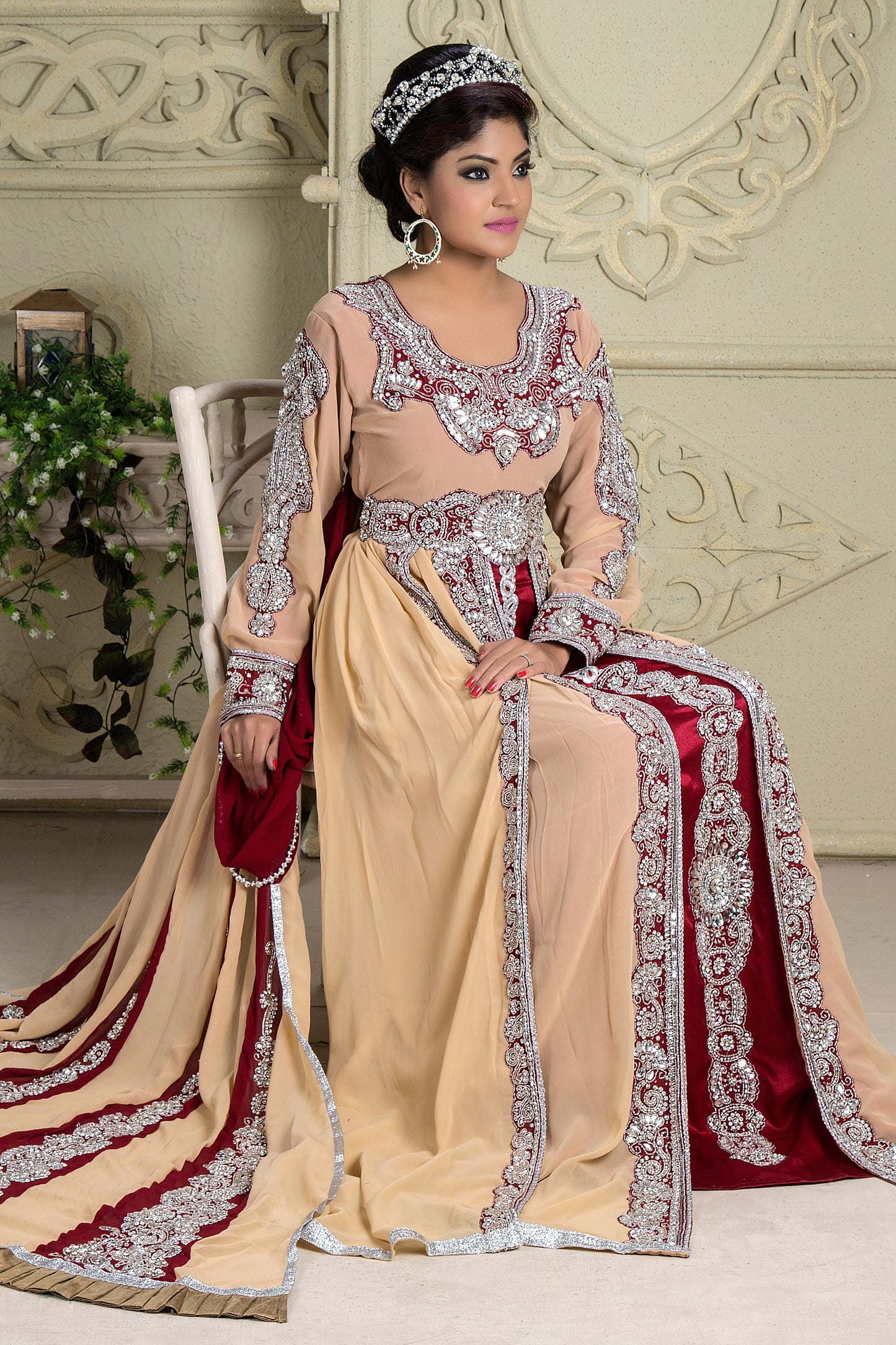 Maroon Color Beautiful Arabic Muslin Wedding Bridal Kaftan