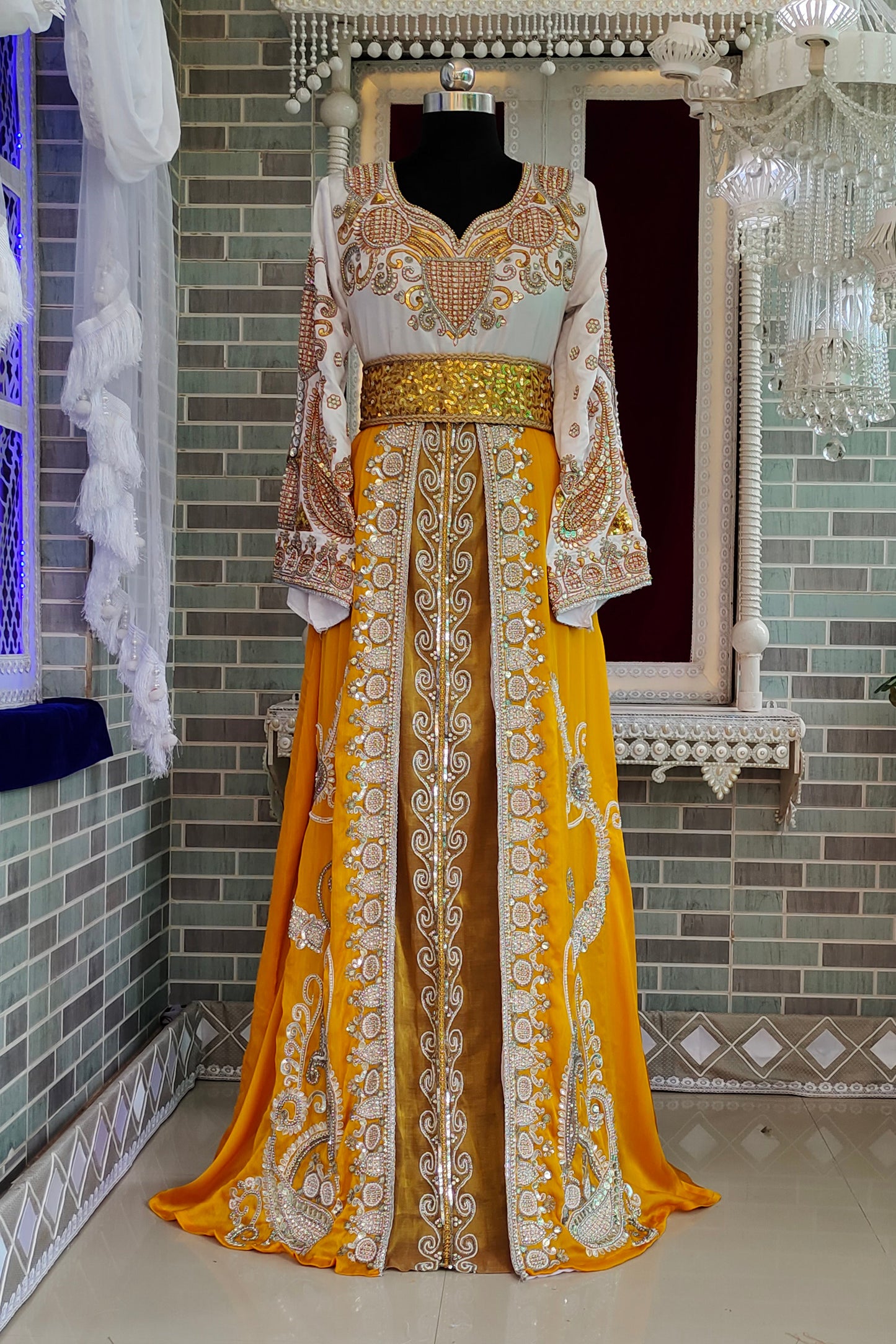 Yellow and White Islamic Bridal Kaftan Dresse