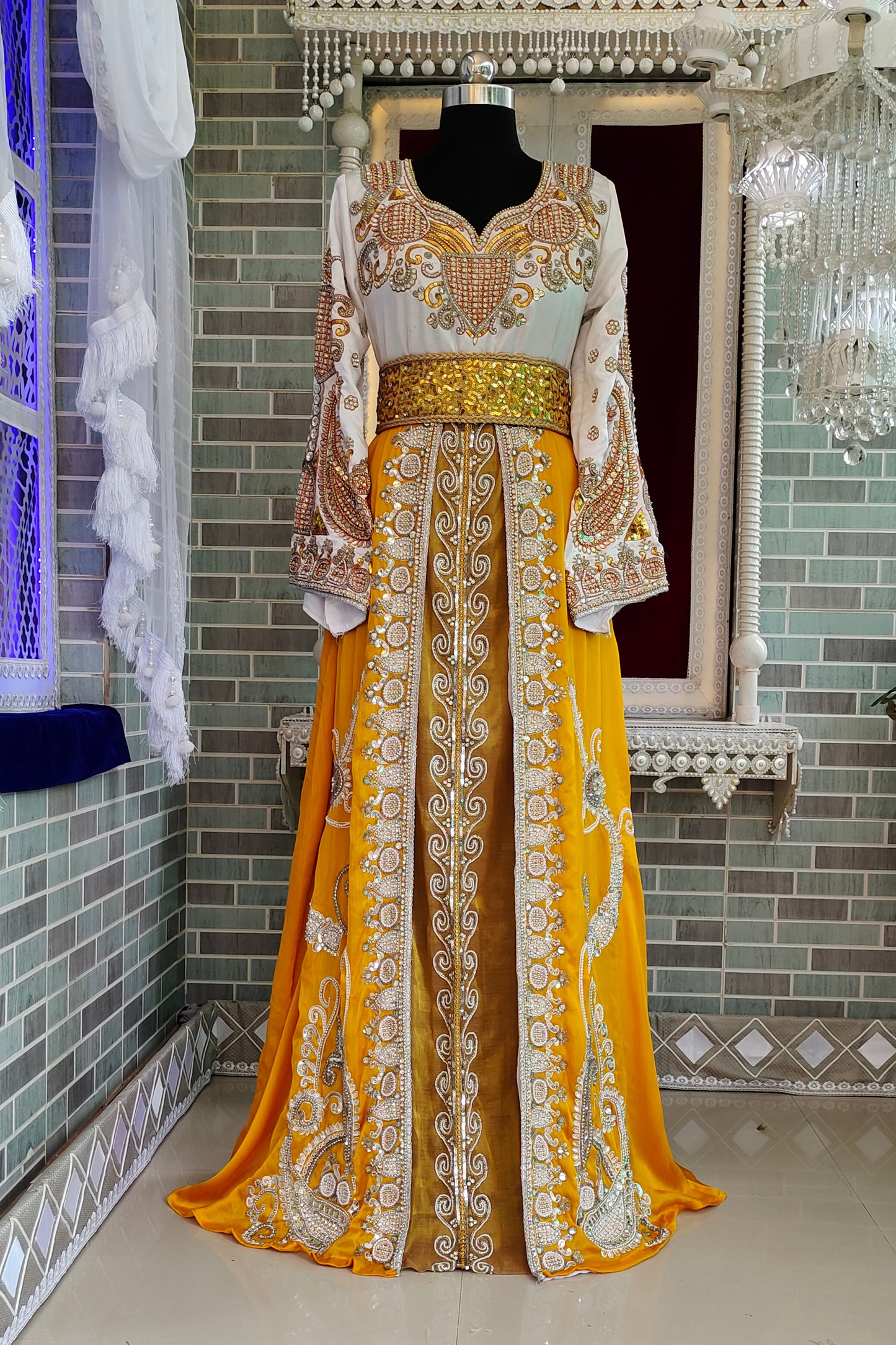 Yellow and White Islamic Bridal Kaftan Dresse
