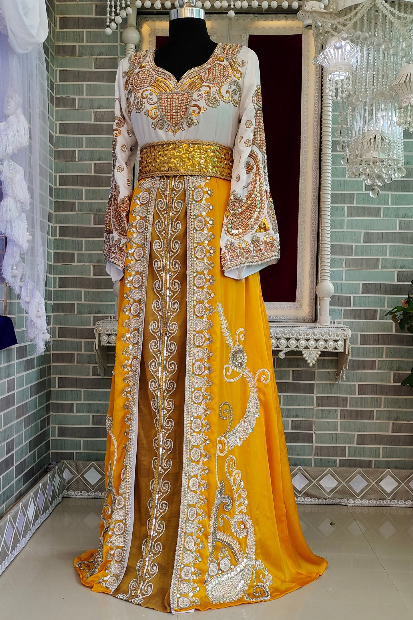 Yellow and White Islamic Bridal Kaftan Dresse
