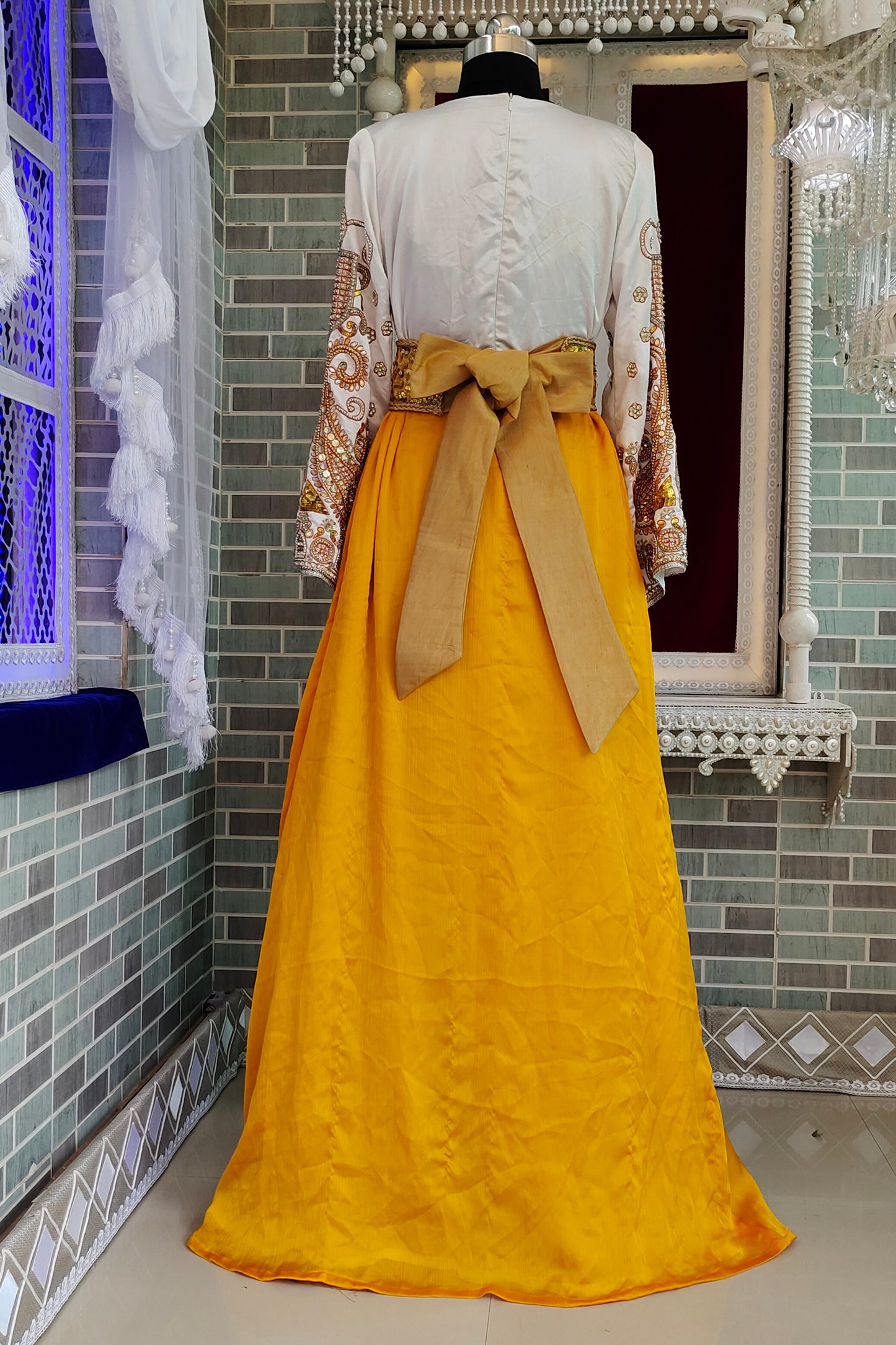 Yellow and White Islamic Bridal Kaftan Dresse