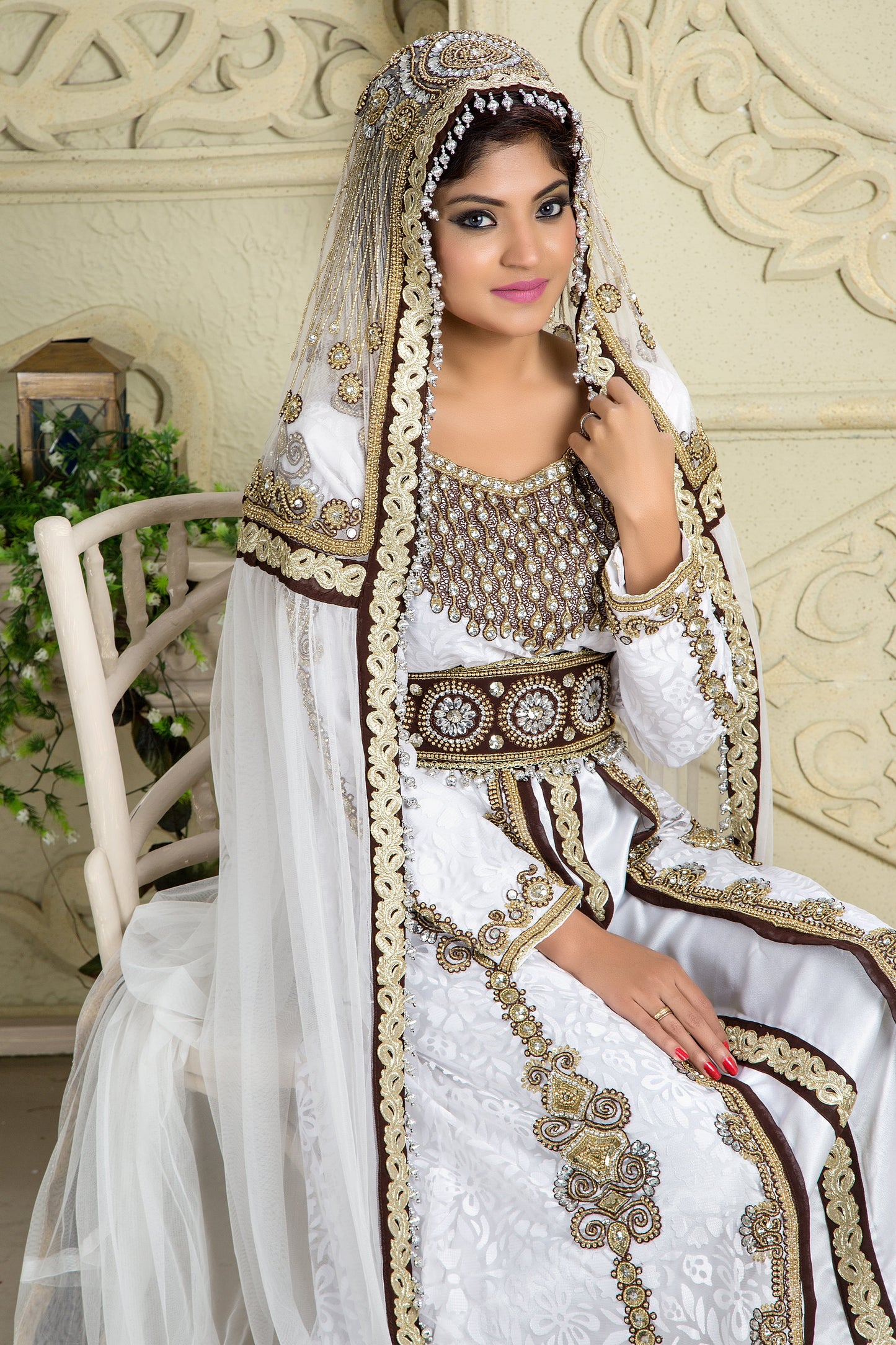 White Modern Bridal Kaftan with Veil