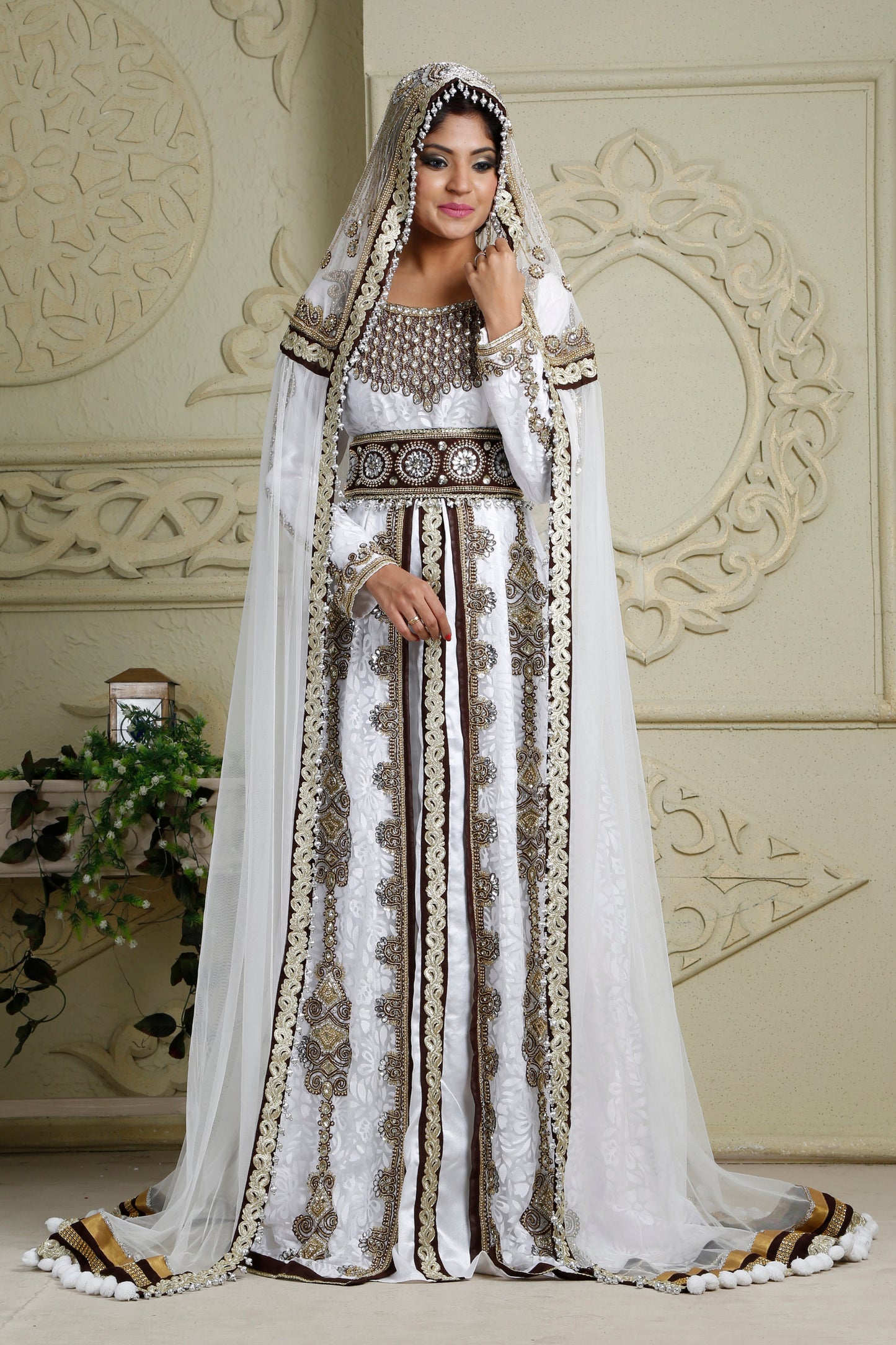 White Modern Bridal Kaftan with Veil