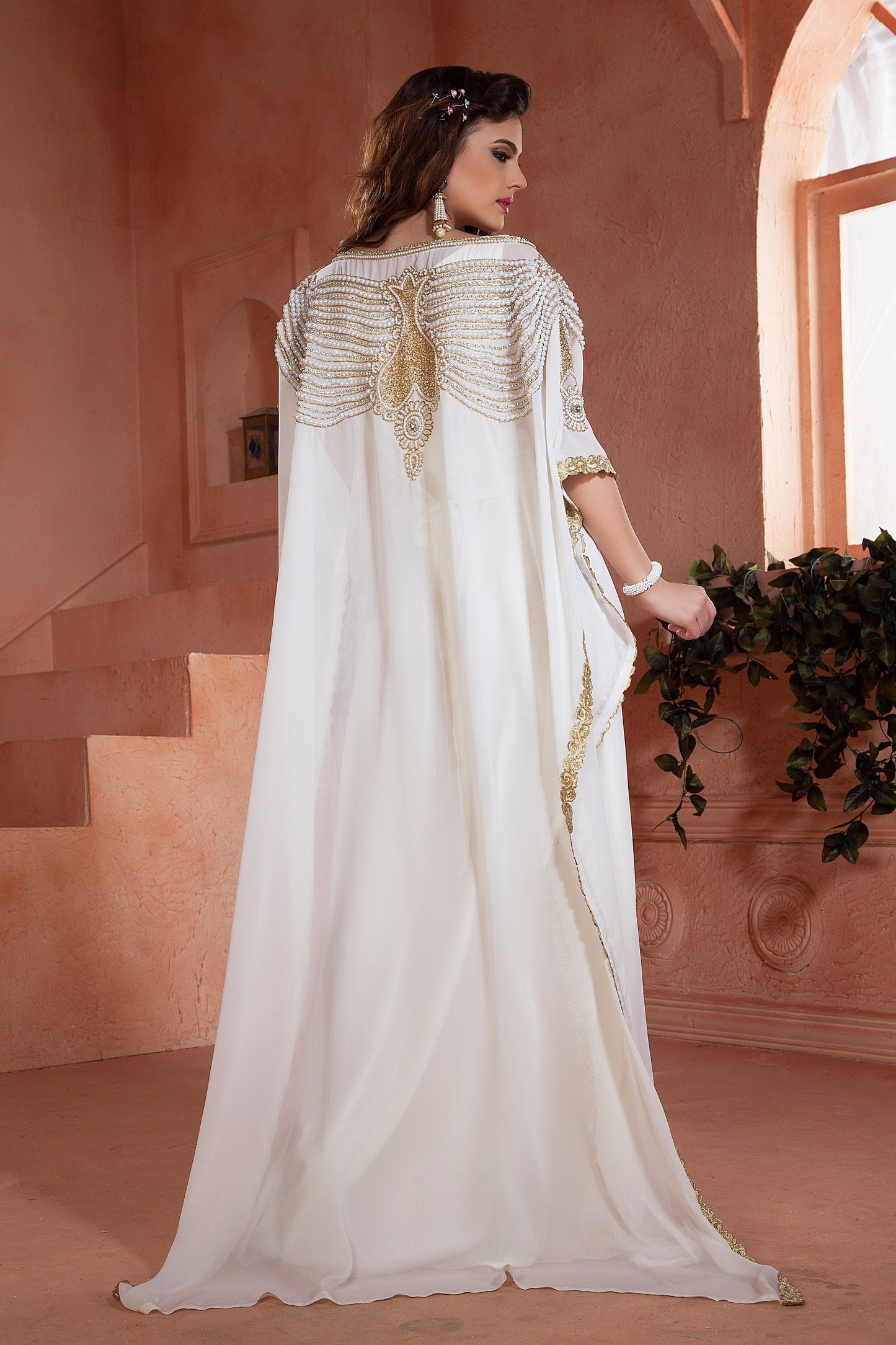 White color Georgette Hand beaded Designer Kaftan
