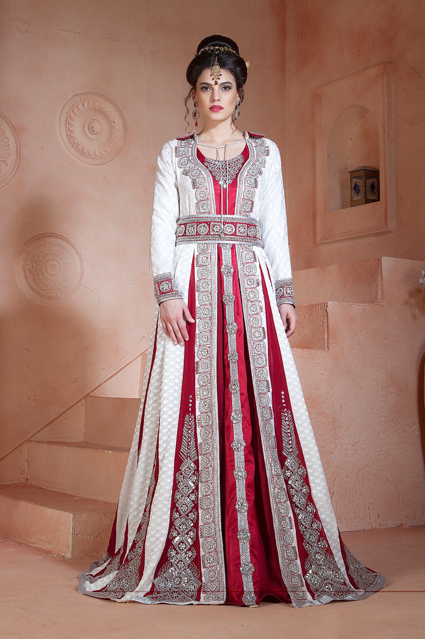 Off White and Maroon Color Wedding Long Sleeve Dress Kaftan