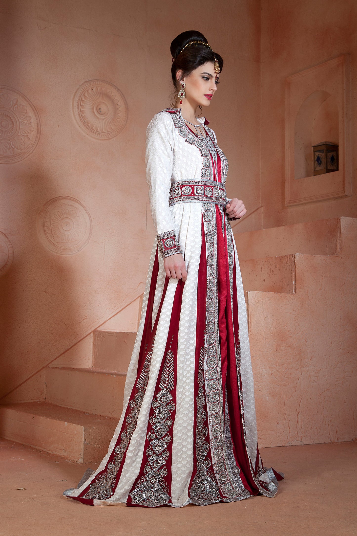Off White and Maroon Color Wedding Long Sleeve Dress Kaftan
