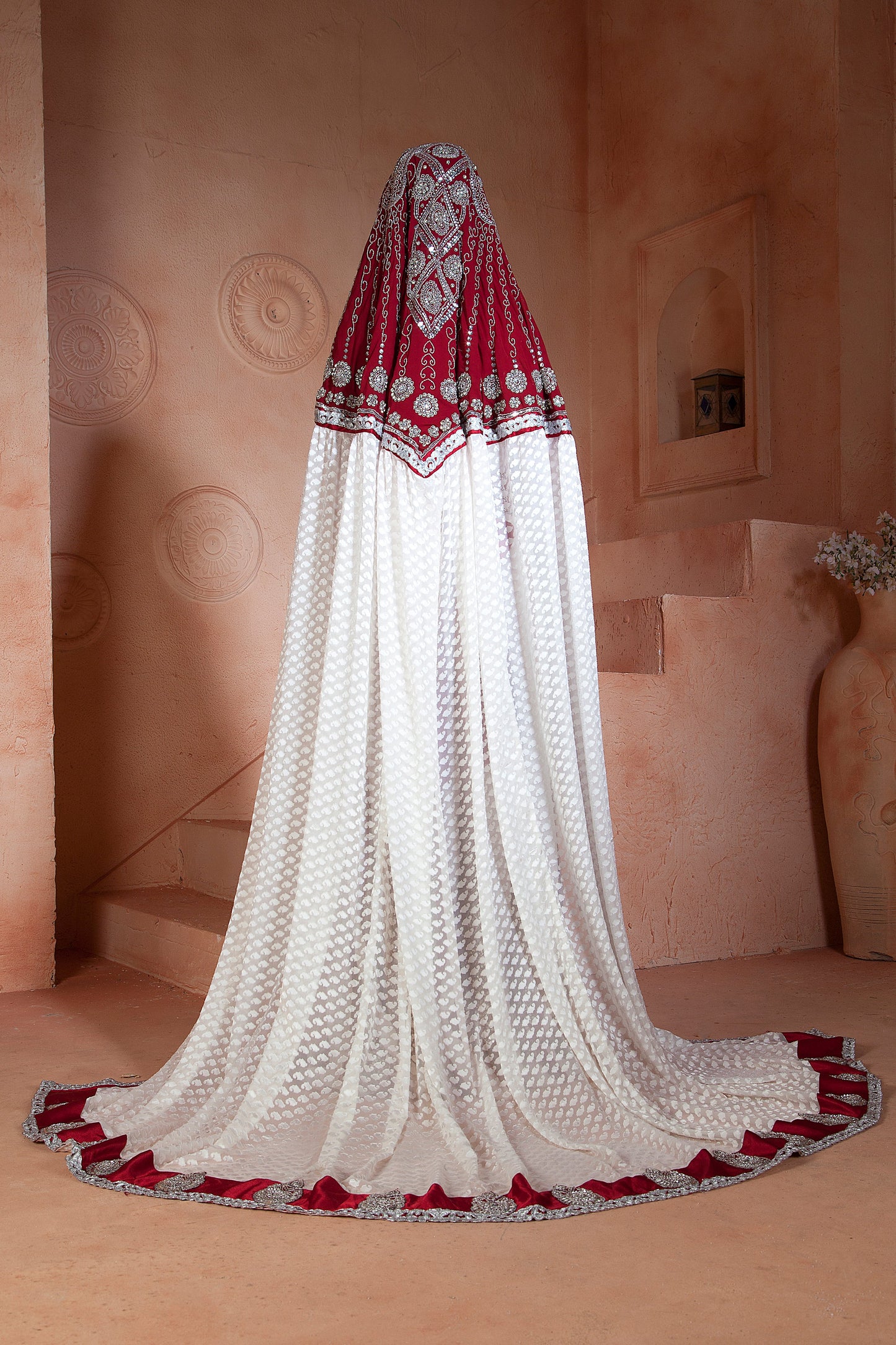 Off White and Maroon Color Handmade Moroccan Wedding Kaftan
