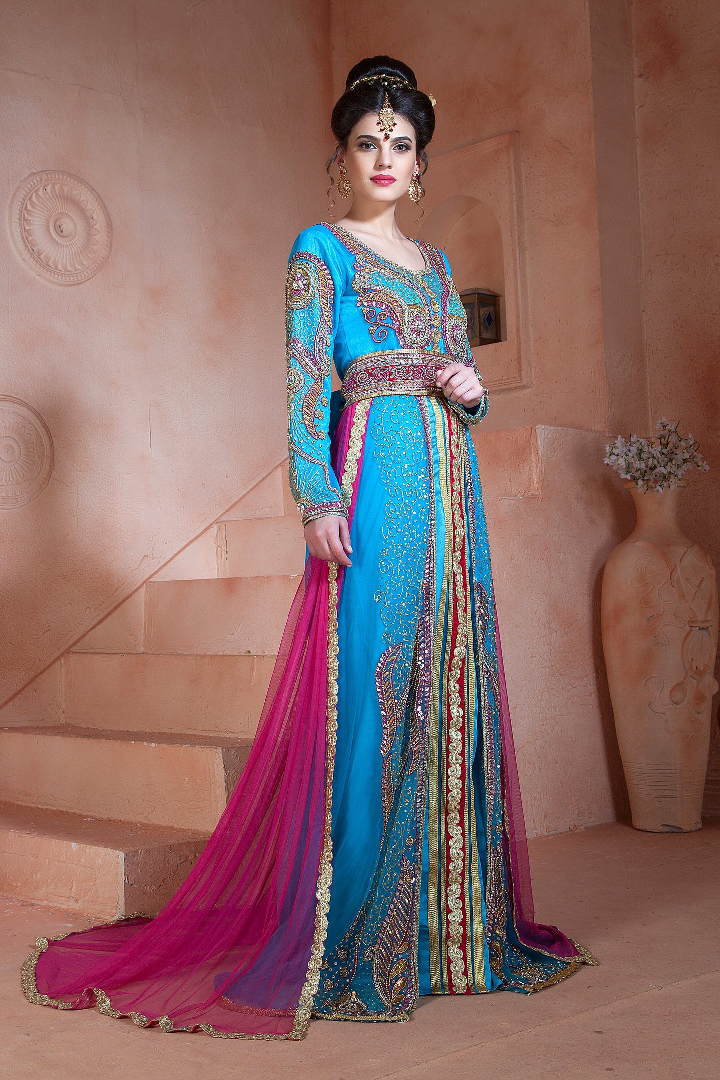 Firozi and Dark Pink Color Designer Wedding Caftan