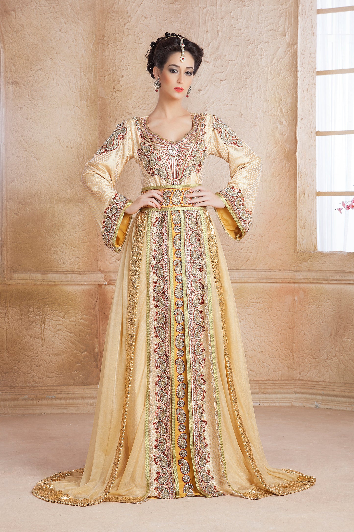 Gold color Designer Moroccan Party Wedding kaftan