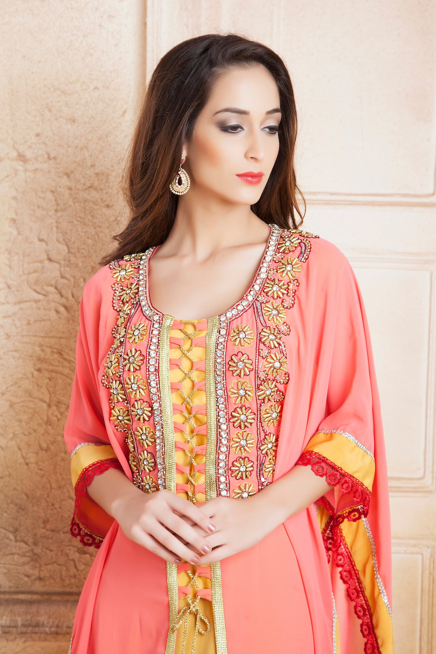 Yellow and Pink color Handmade Kaftan