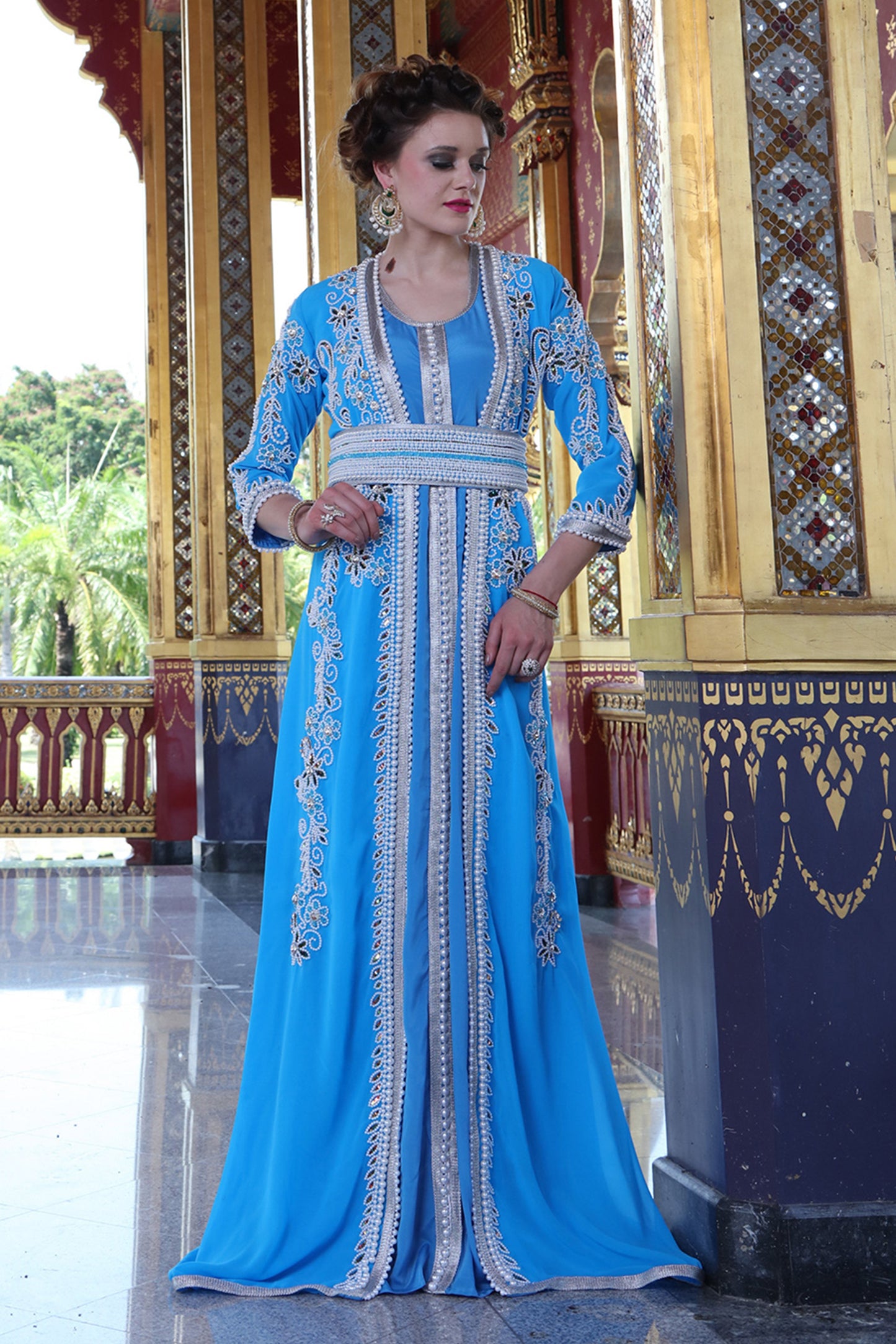 Blue Firozi Color Moroccan Takchita Kaftan