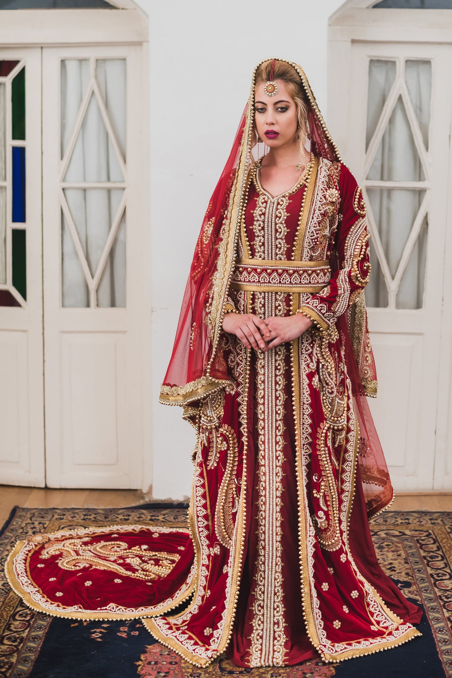 Maroon Wedding Designer Kaftan With Trail