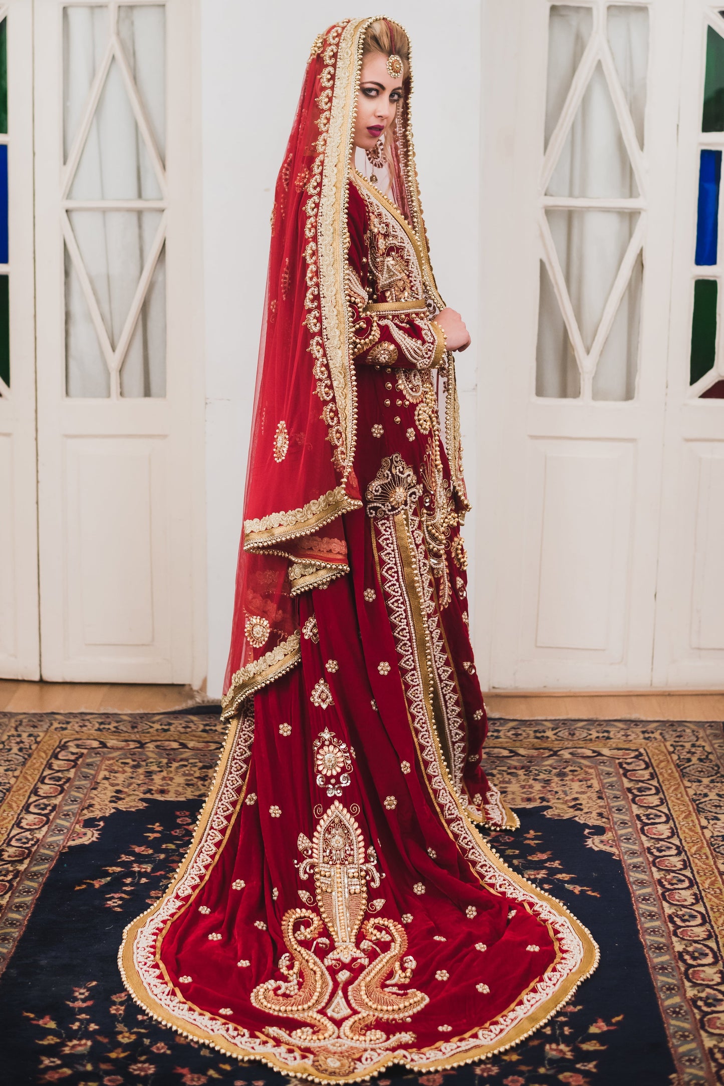 Maroon Wedding Designer Kaftan With Trail