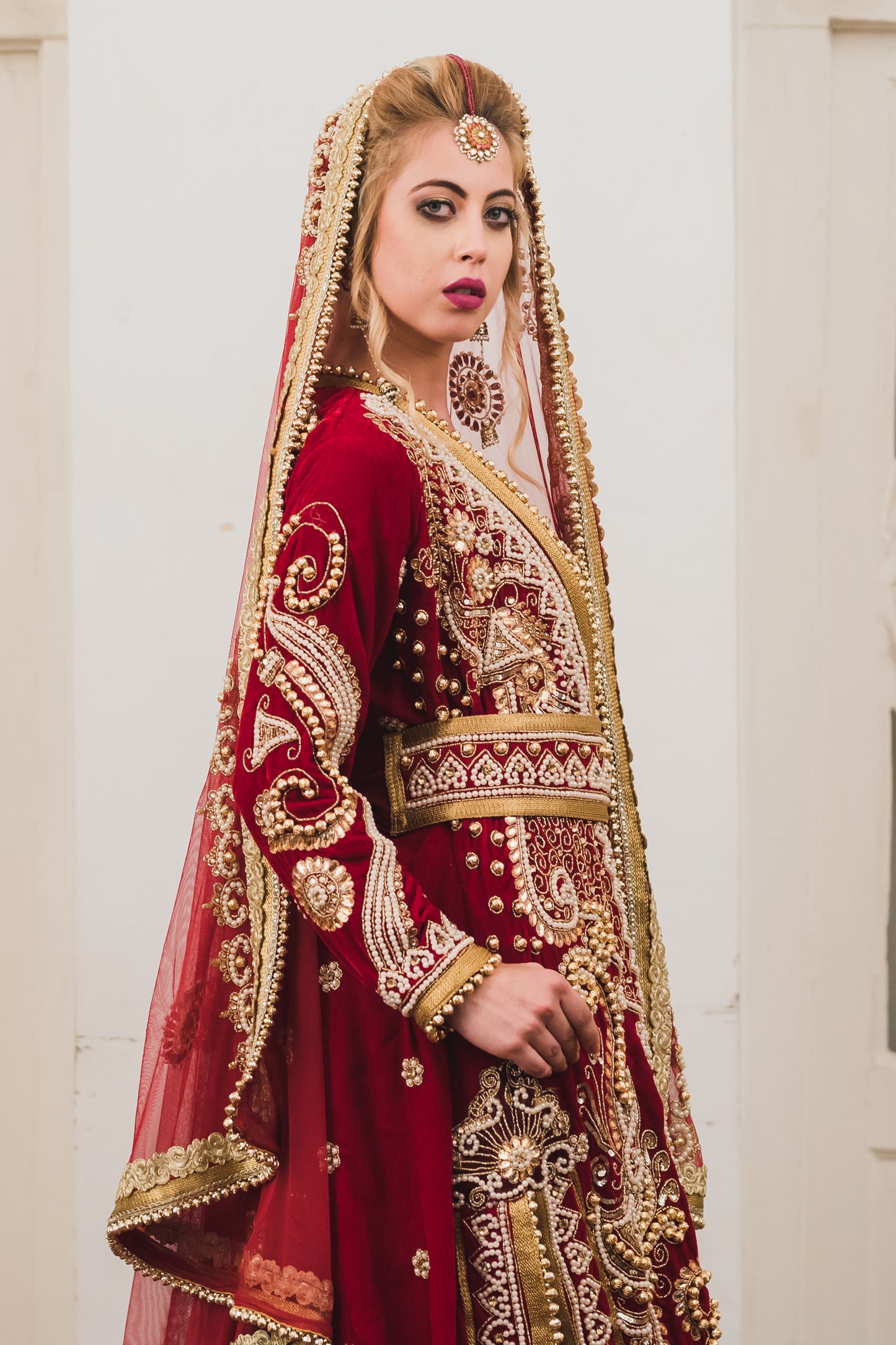 Maroon Wedding Designer Kaftan With Trail