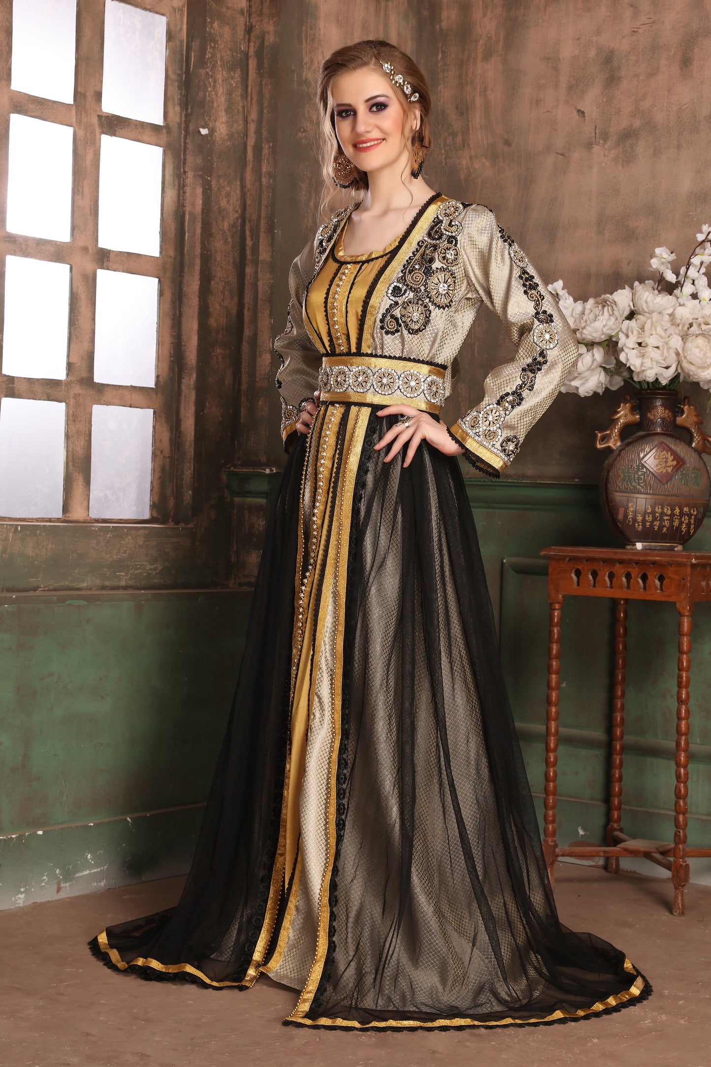 Gray and Black color Moroccan Kaftan