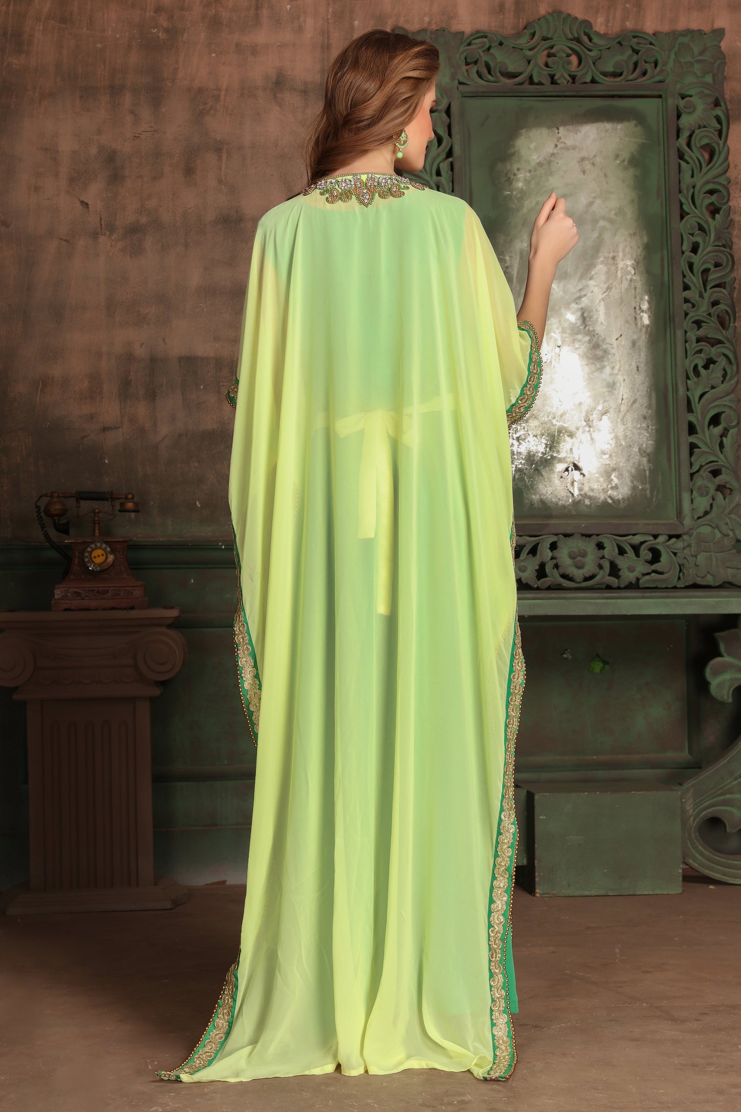 Yellow and Green Color Georgette Kaftan