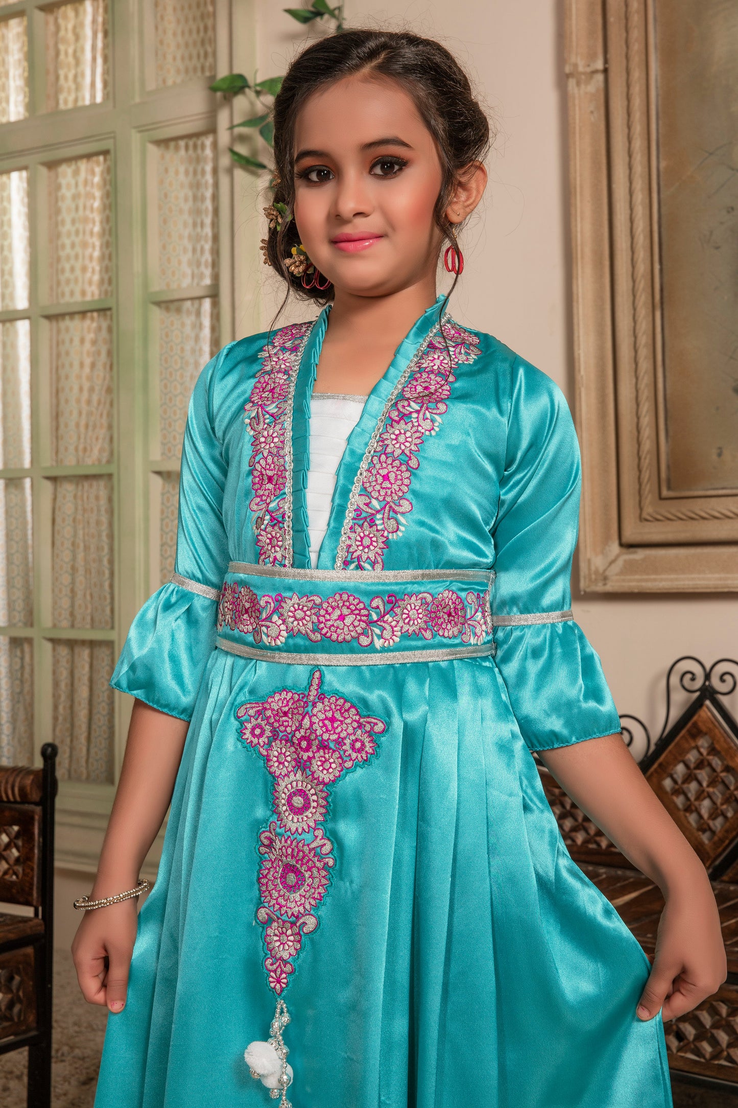 Sea Green Color Moroccan Kids Kaftan